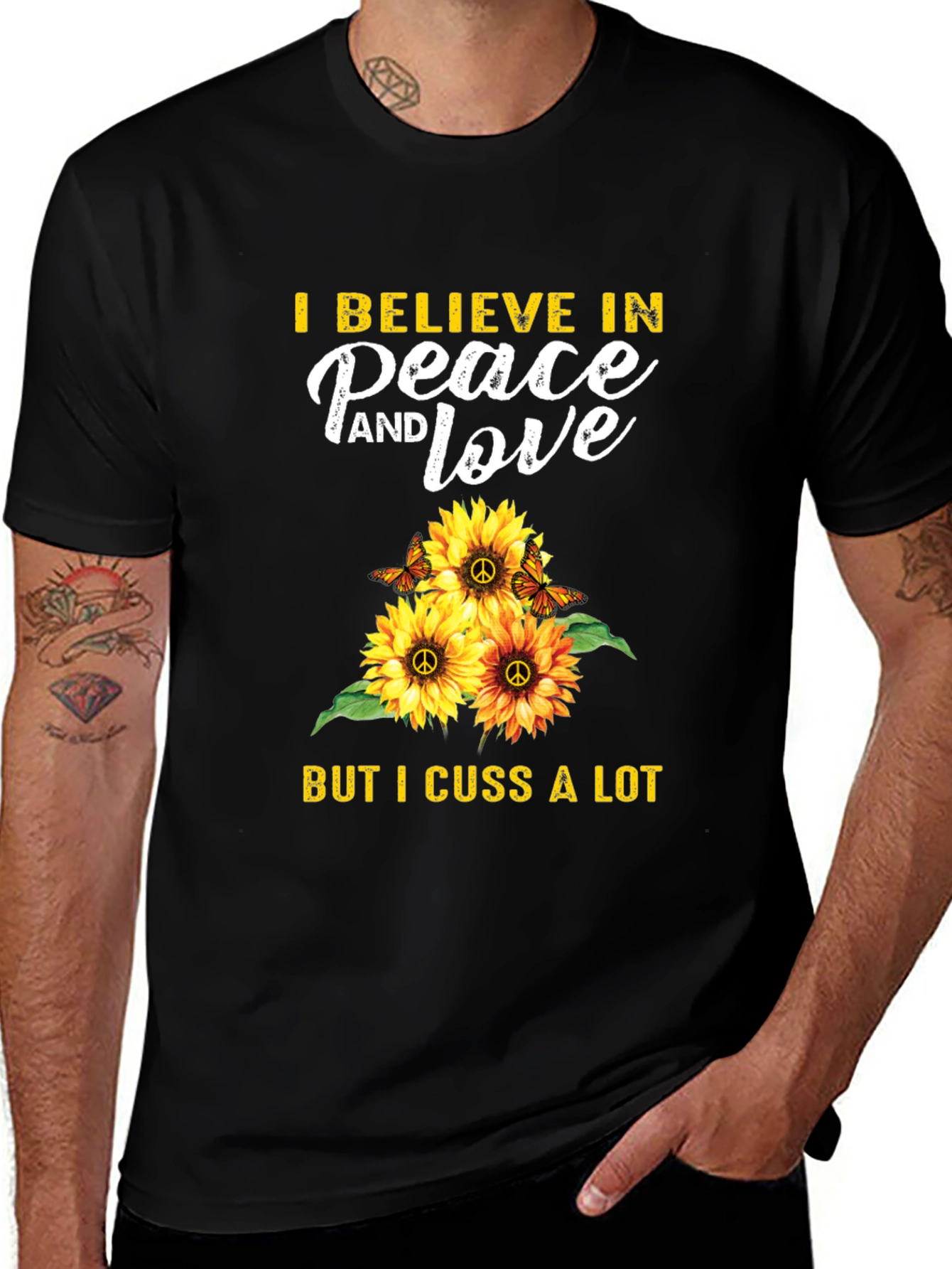 Variant 11 of Peace Love Cuss T-Shirt Sunflower Hippie Graphic Tee
