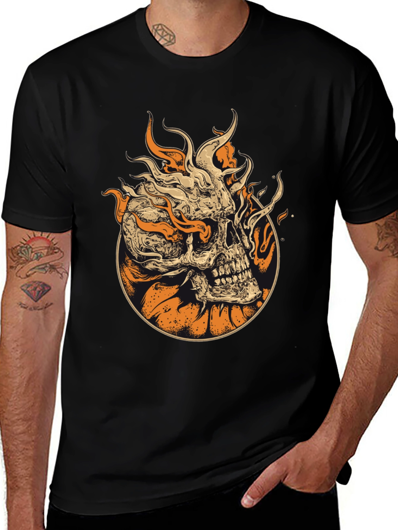 Variant 25 of Flaming Skull Graphic Tee - Black Cotton T-Shirt