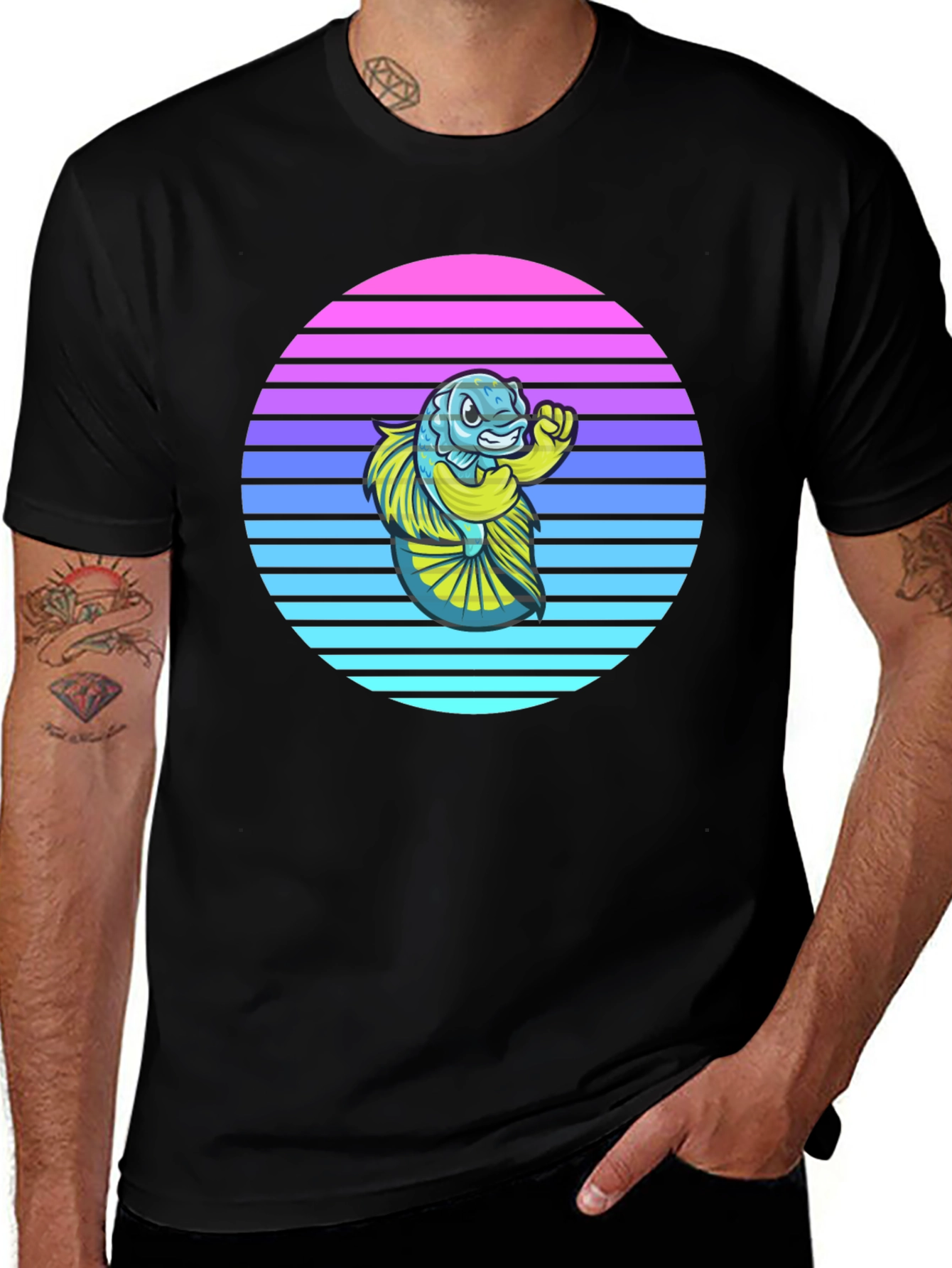 Variant 19 of Retro Fish Graphic Tee - Black Cotton T-Shirt