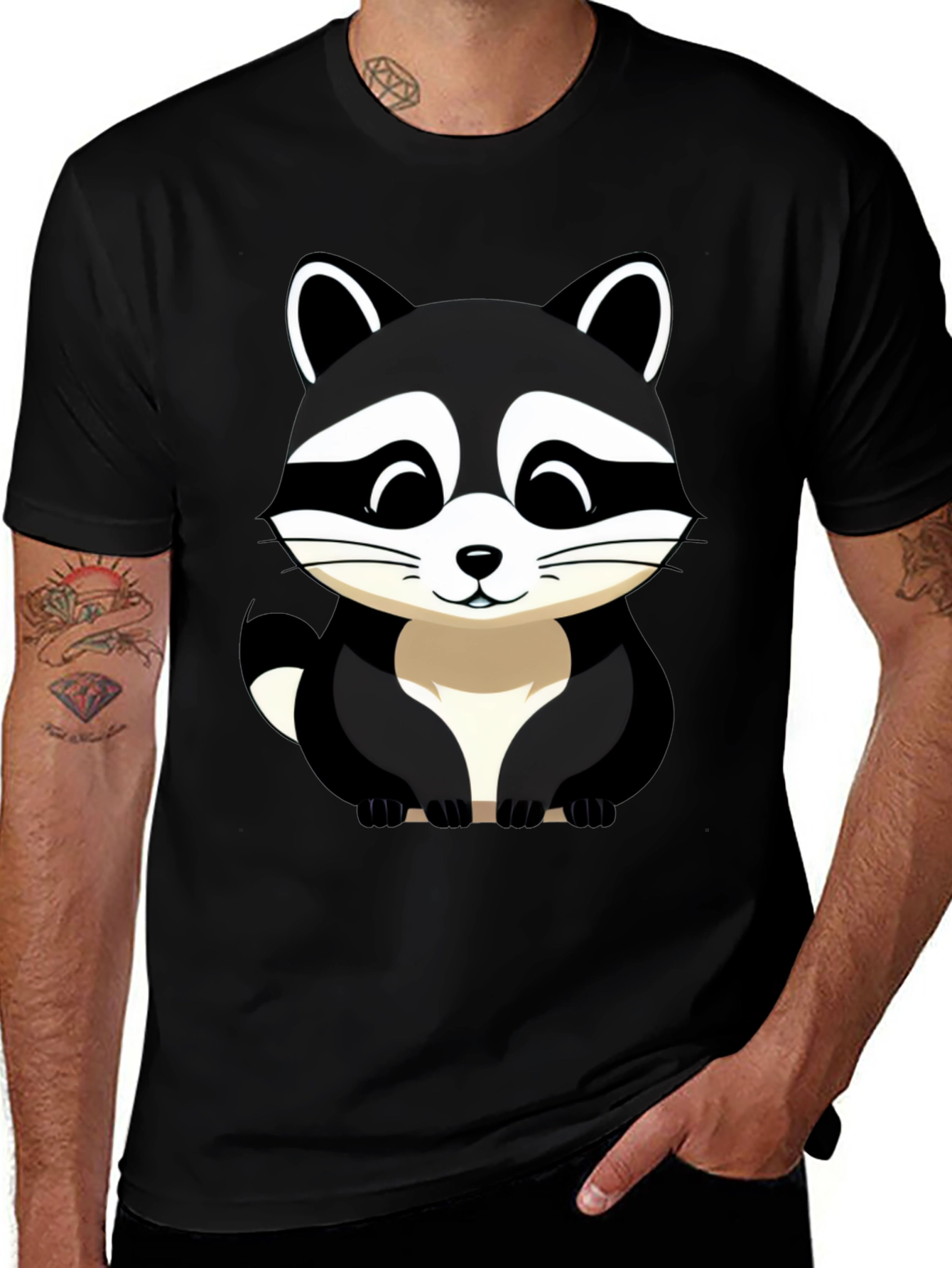 Black Cute Raccoon Graphic Tee - Black Cotton Blend main image
