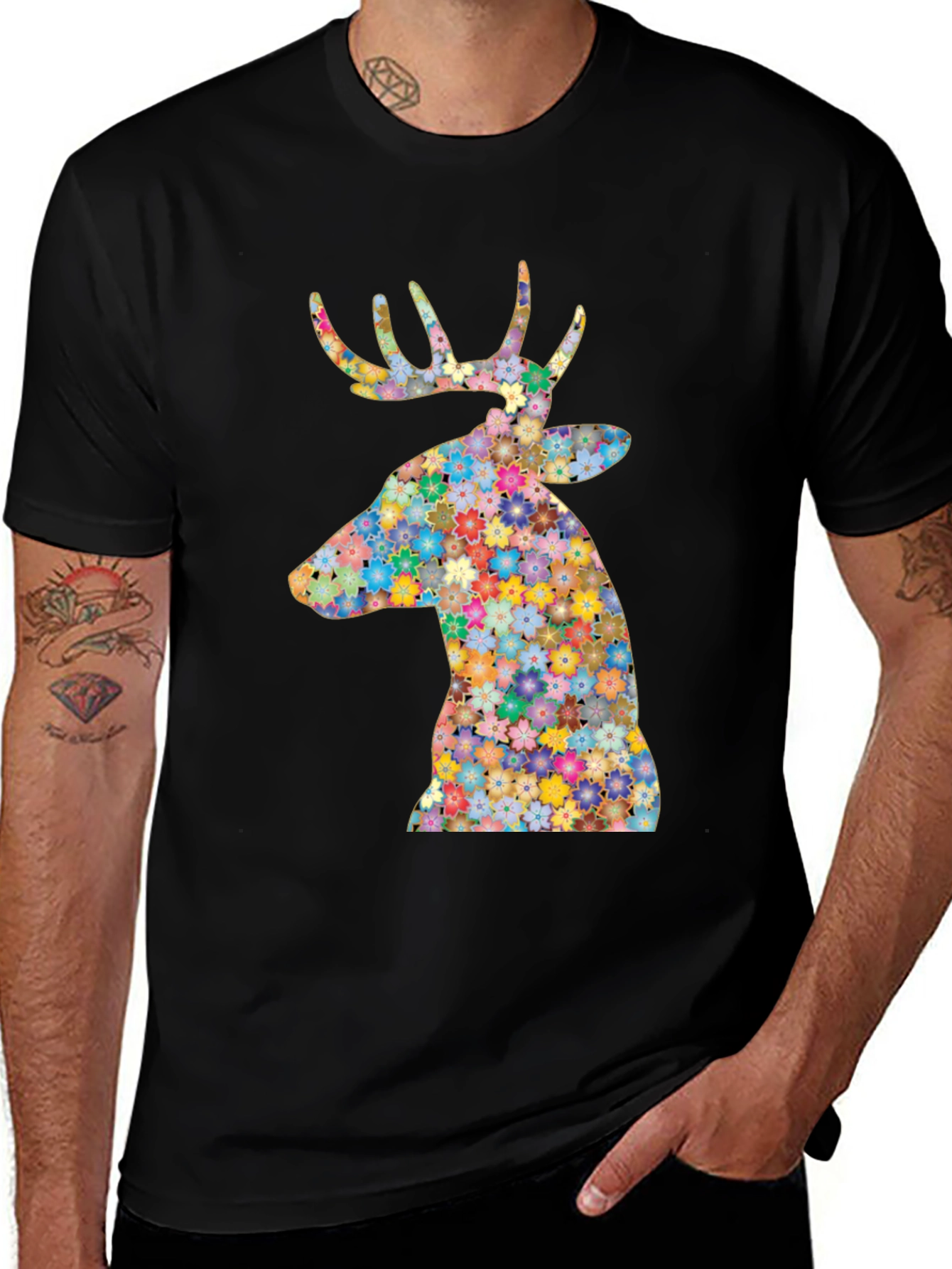 Variant 28 of Floral Deer Graphic Tee - Stylish Men's Black T-Shirt