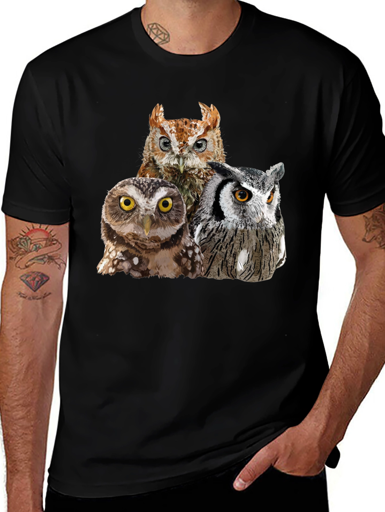 Variant 10 of Owl Trio Graphic T-Shirt - Black Cotton Tee