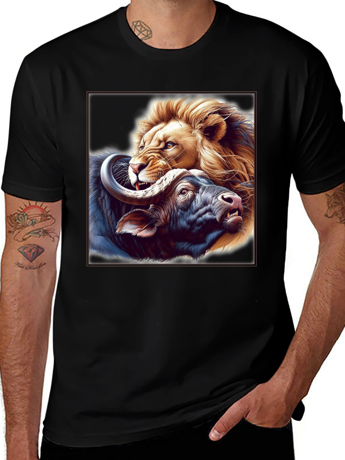 Variant 16 of Lion vs. Buffalo Graphic Tee - Fierce Animal Print