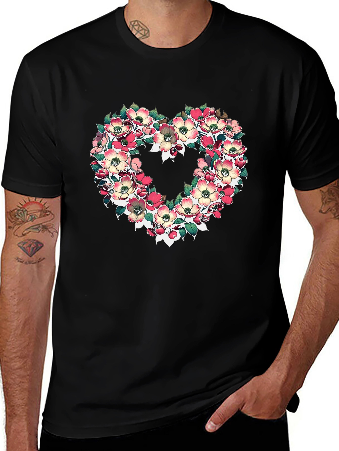 Variant 10 of Floral Heart Graphic T-Shirt - Black