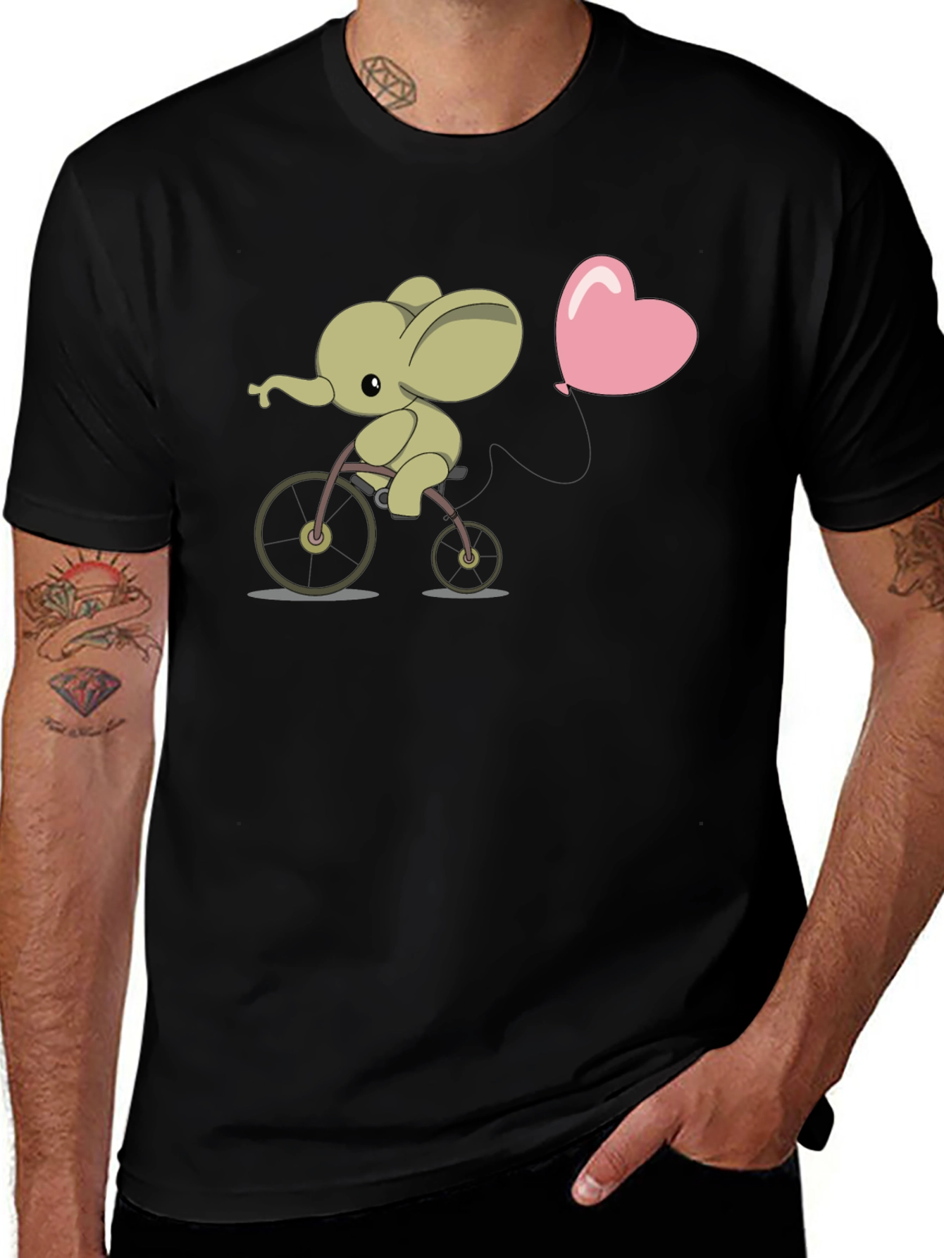 Variant 21 of Elephant Riding Bike Heart Balloon Black T-shirt
