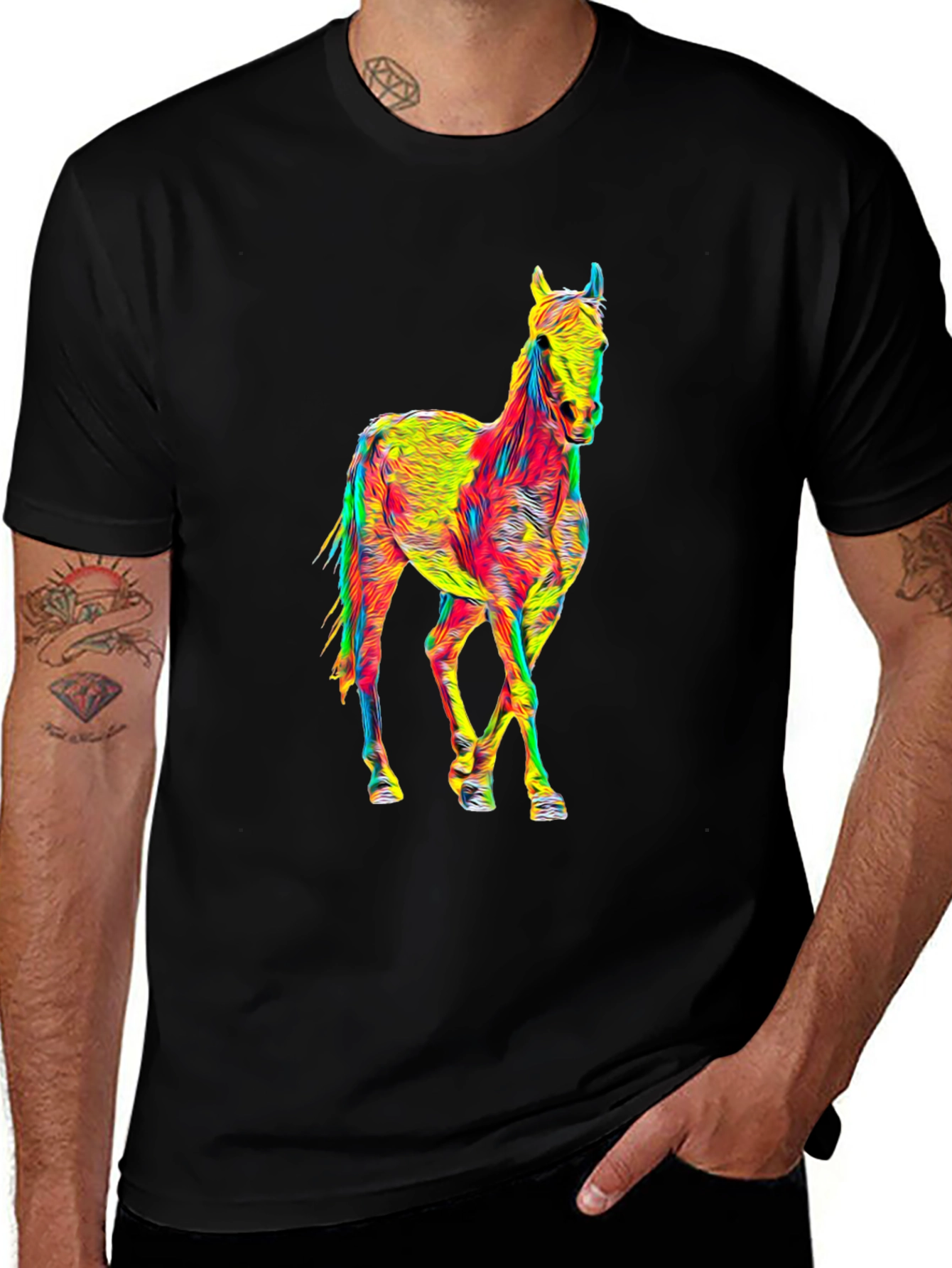 Variant 30 of Neon Horse Graphic Print Black T-Shirt