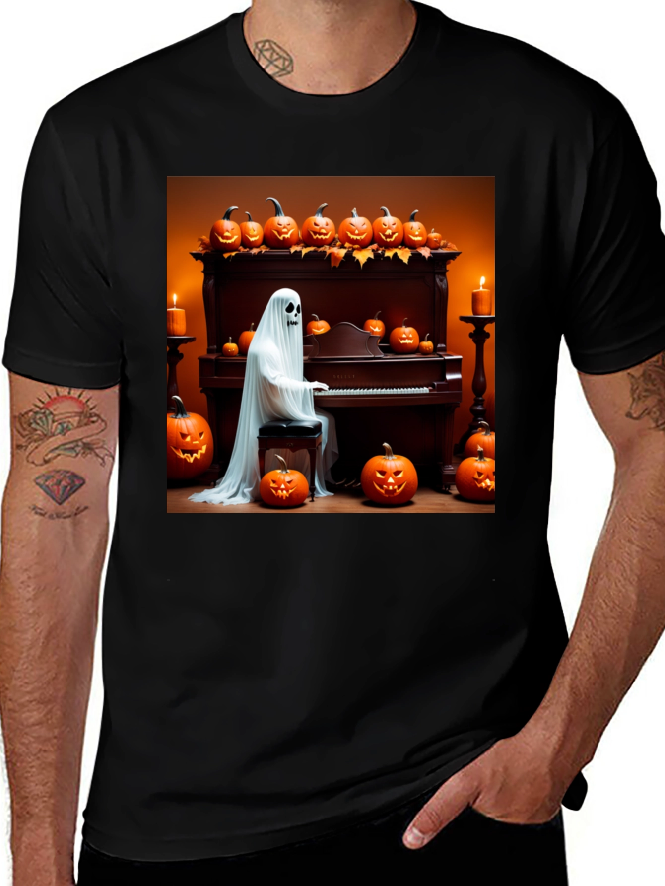 Variant 29 of Halloween Ghost Piano Player Graphic Tee