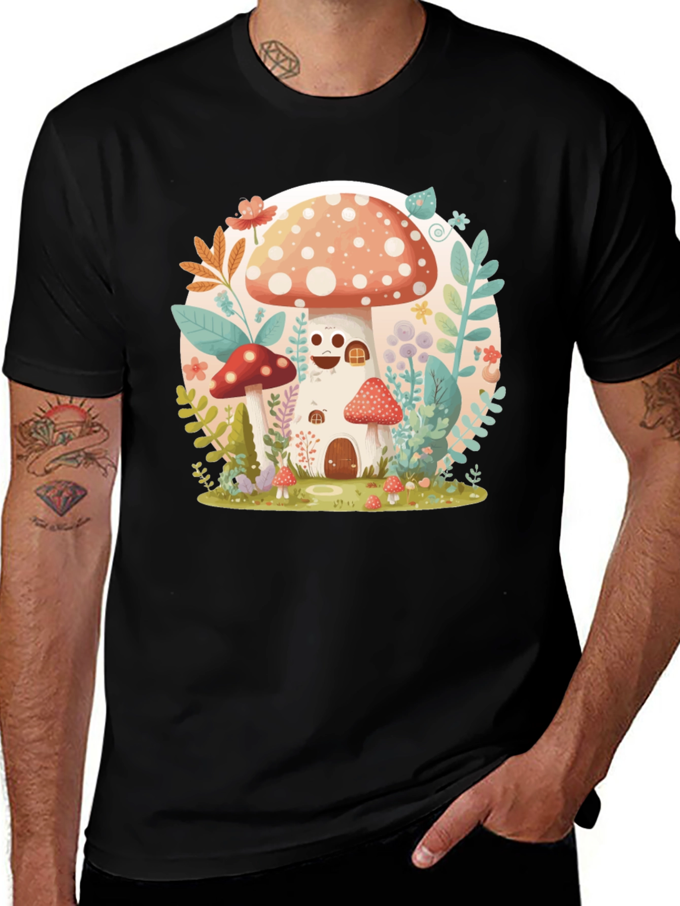 Variant 14 of Mushroom House Graphic Tee - Whimsical Design