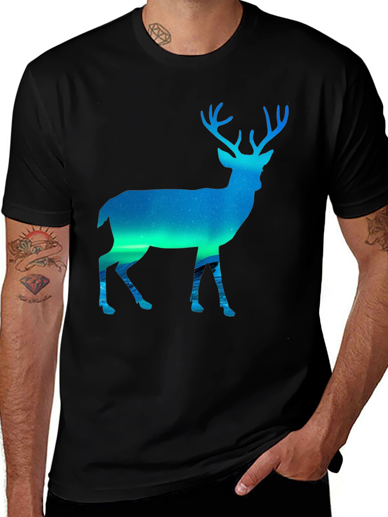 Northern Lights Deer Graphic Tee - Black