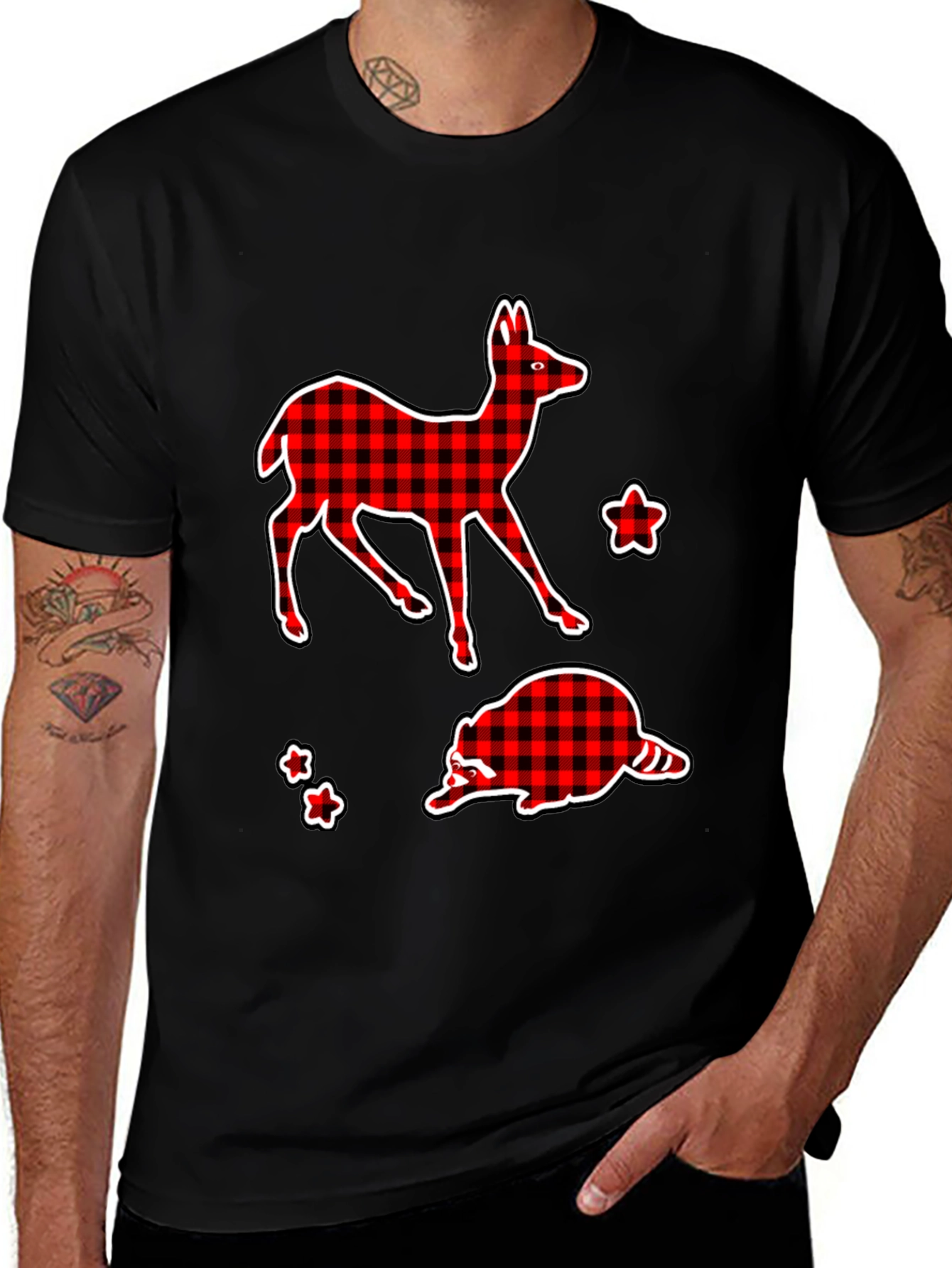 Variant 11 of Festive Buffalo Plaid Deer & Raccoon Graphic Tee