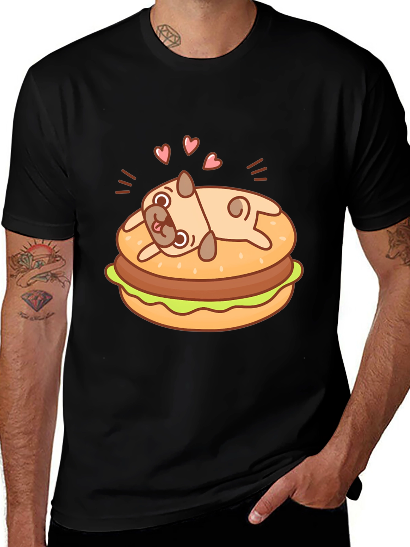 Variant 30 of Pug Burger T-Shirt - Black Cute Graphic Tee