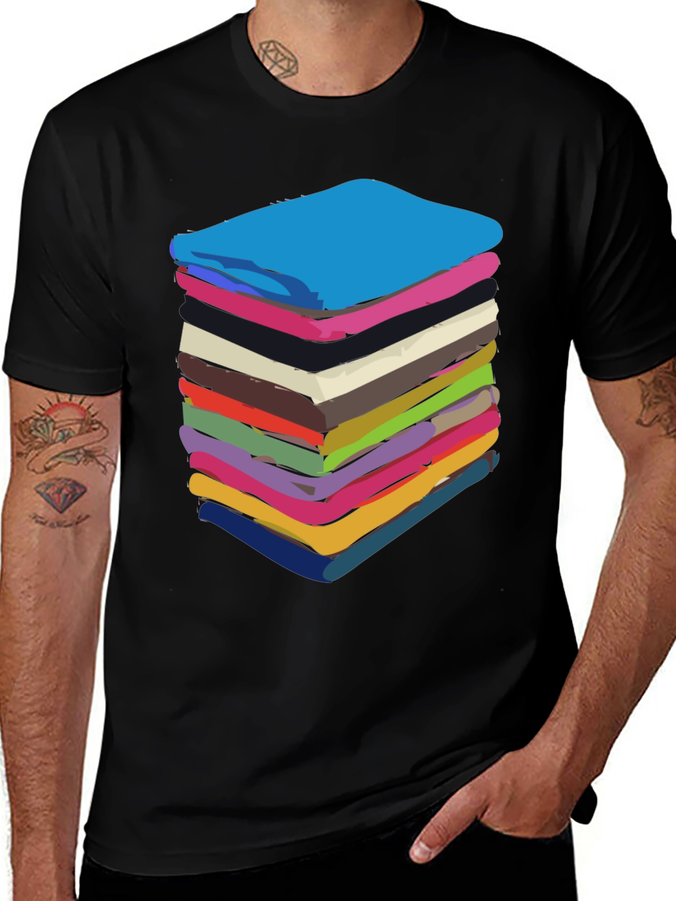 Variant 30 of Colorful Stacked Towels Graphic Tee - Black Cotton T-Shirt