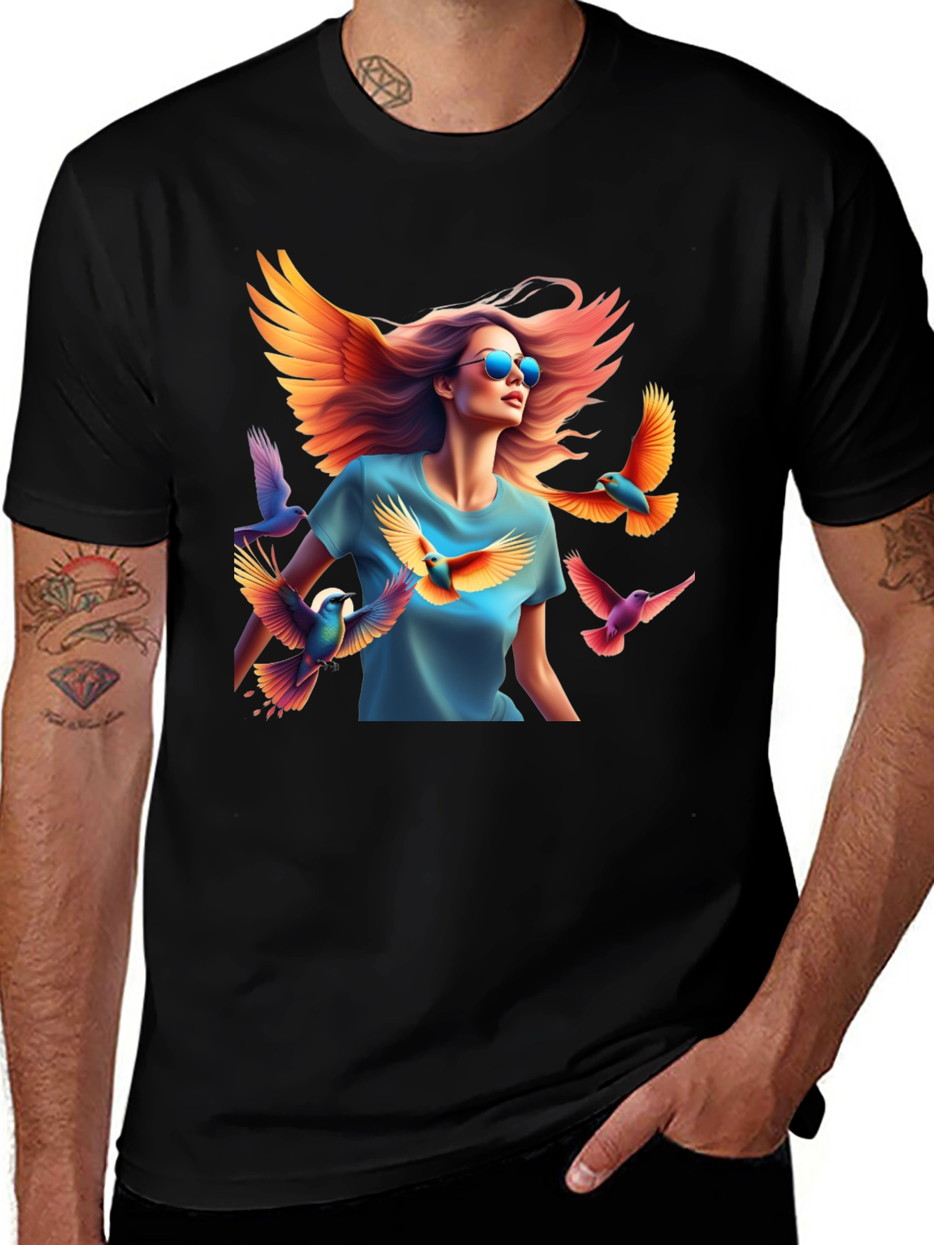 Variant 11 of Vibrant Woman & Birds Graphic Black T-Shirt
