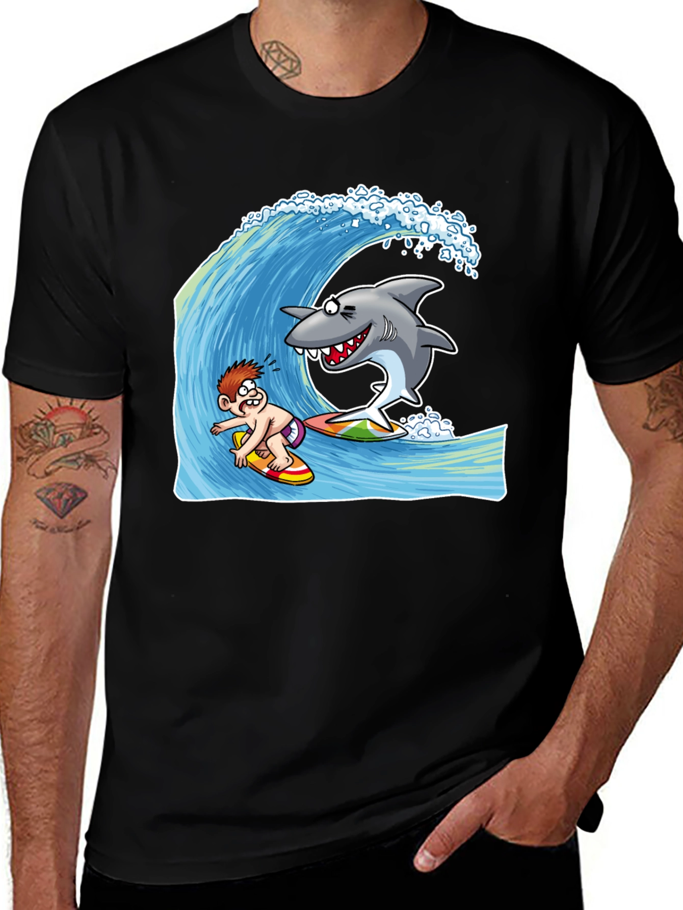 Variant 29 of Surfing Shark Cartoon Black T-Shirt
