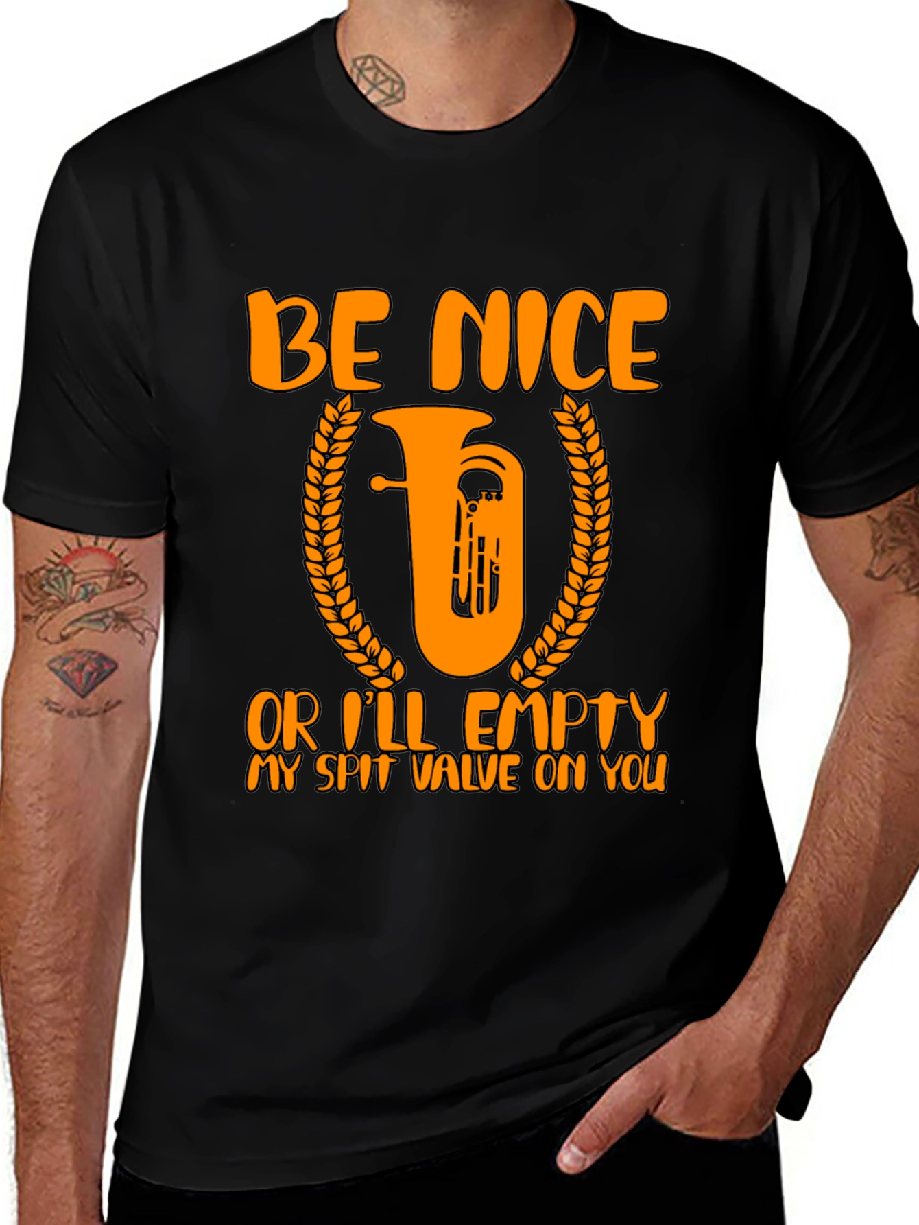 Black Be Nice Tuba Humor T-Shirt main image