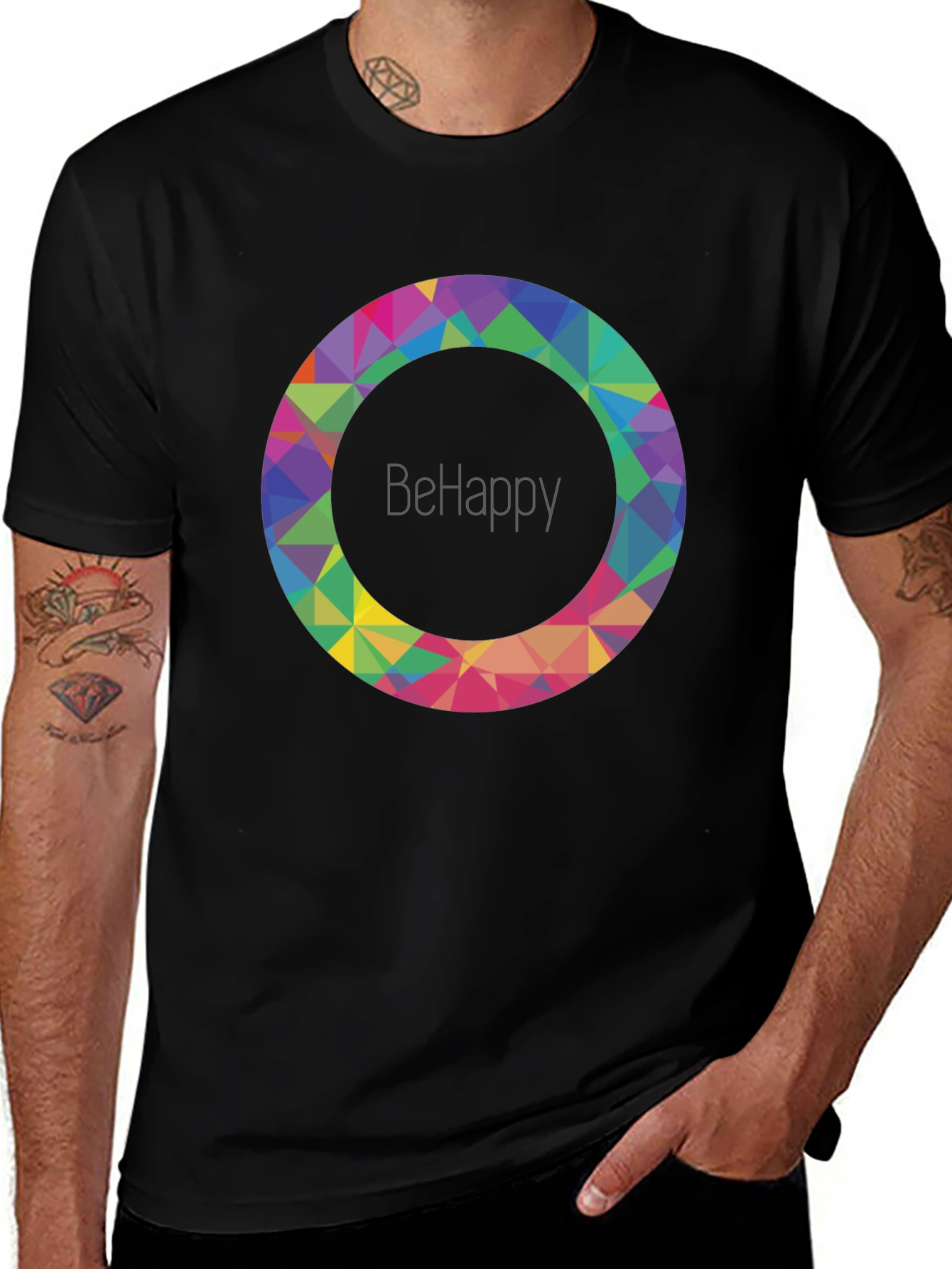 Variant 16 of BeHappy Geometric Circle Graphic Black T-Shirt