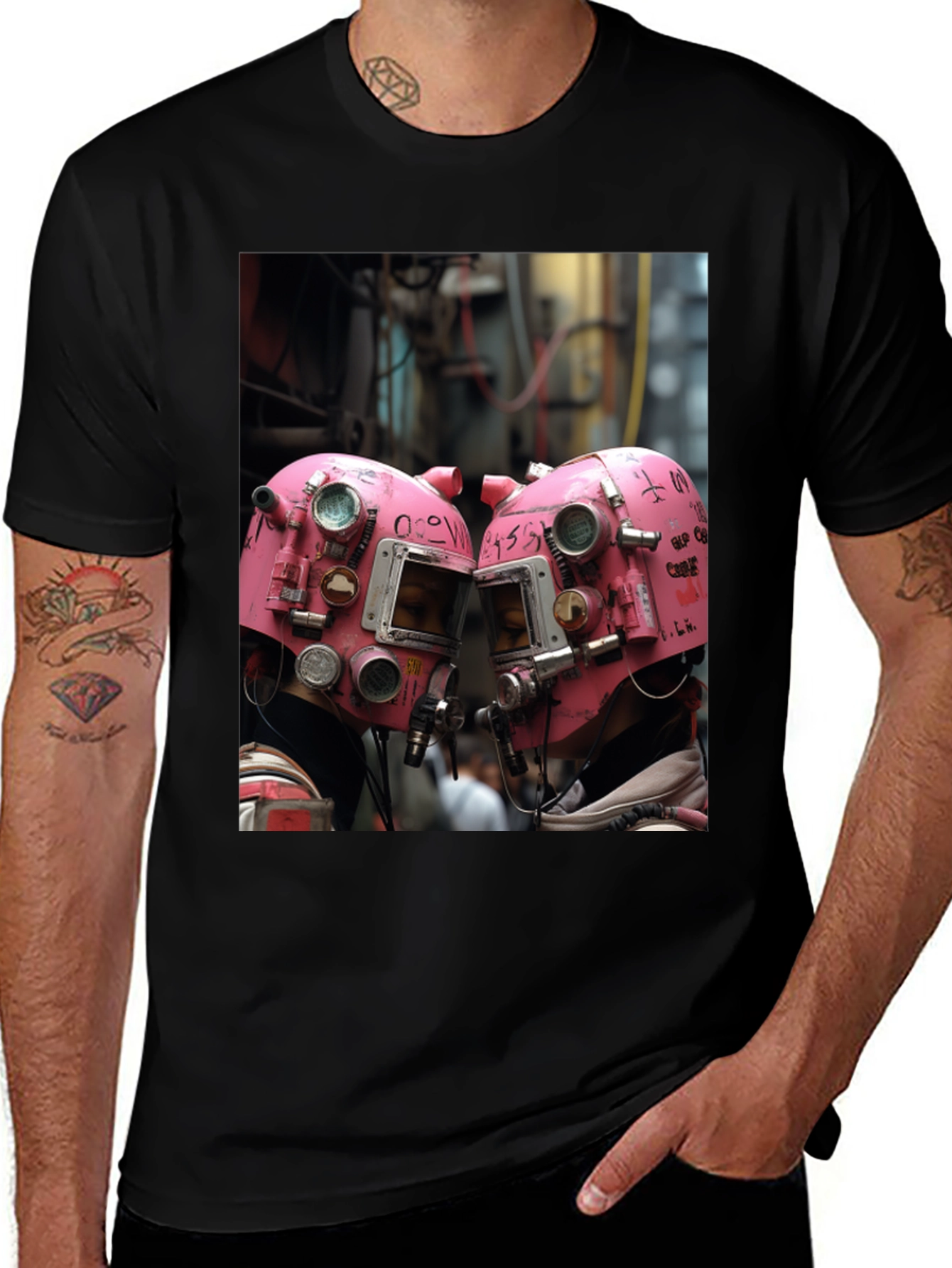 Variant 15 of Abstract Pink Helmet Graphic Black Tee