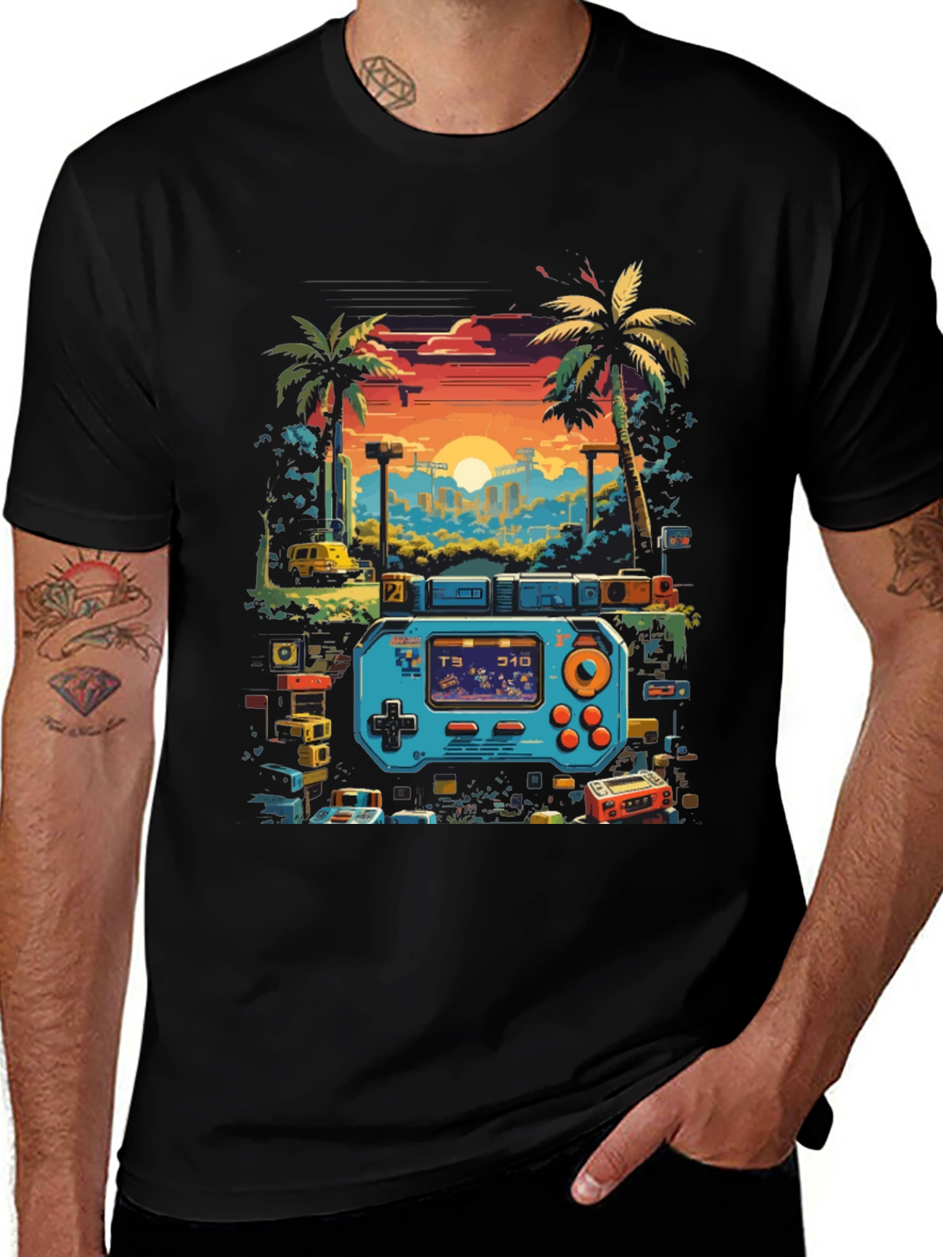 Variant 21 of Retro Gaming T-Shirt: Pixel Sunset Design