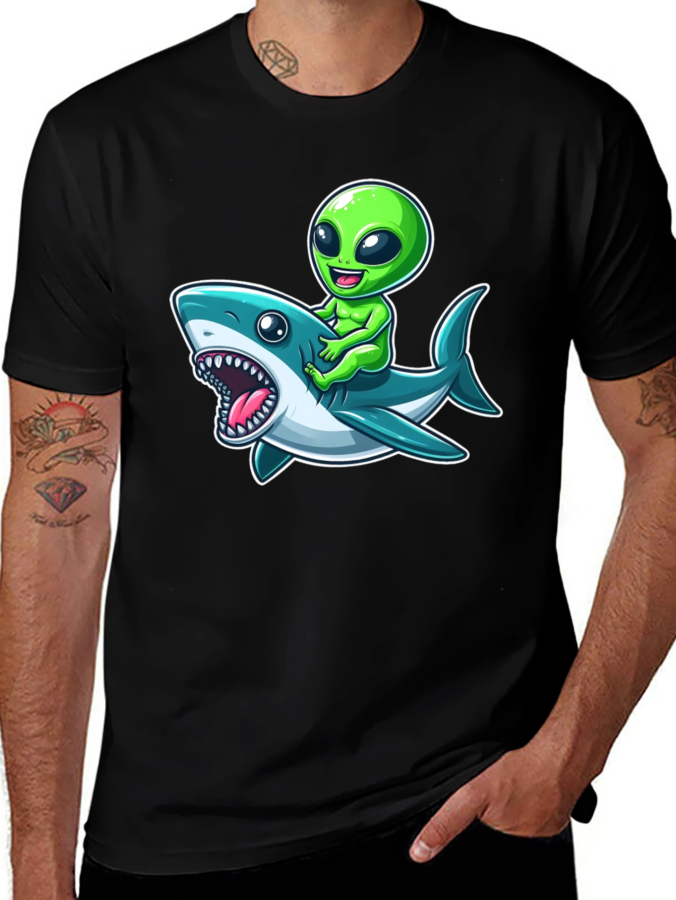 Variant 19 of Alien Riding Shark Graphic Tee - Black T-Shirt