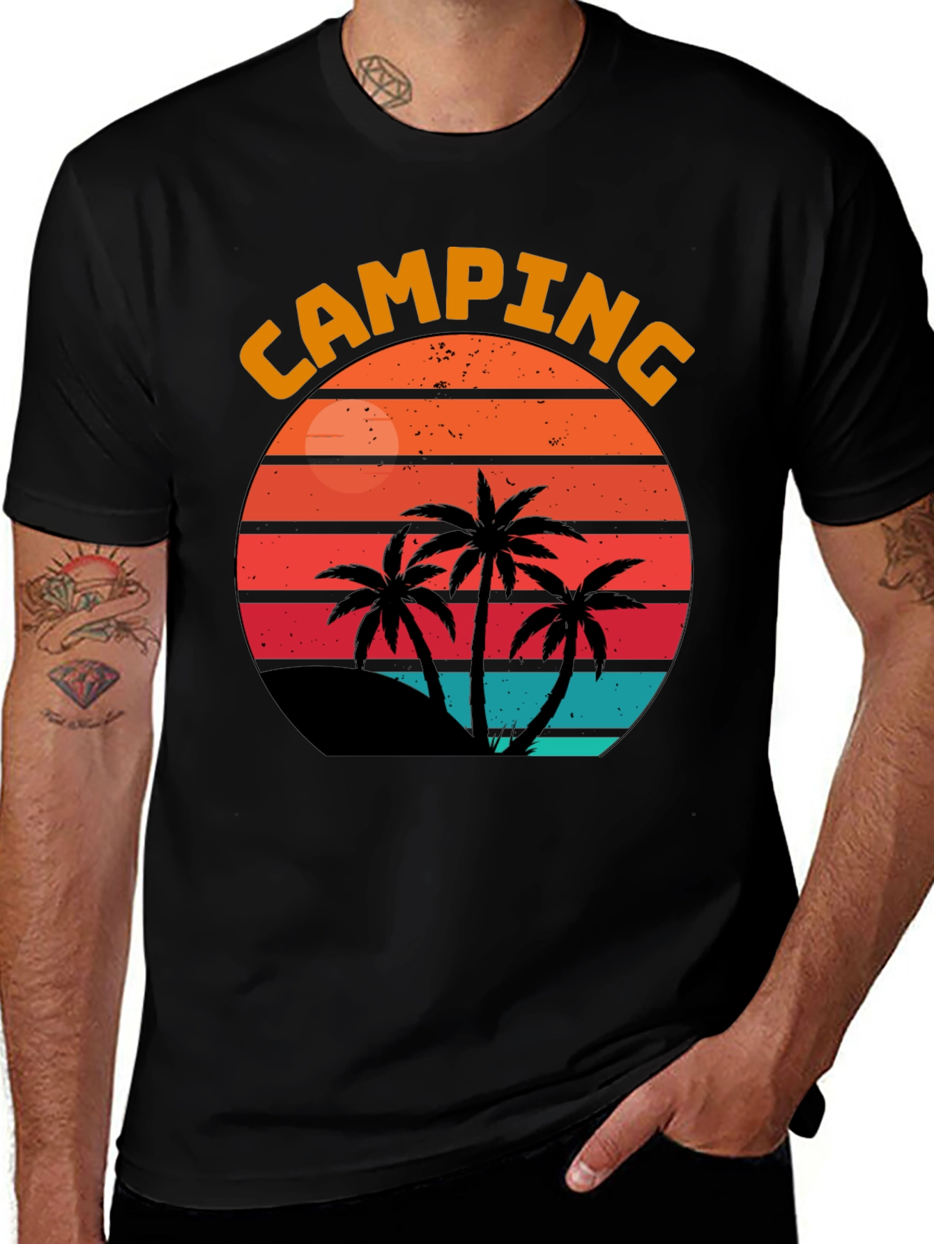 Variant 25 of Camping Palm Tree Graphic Tee - Retro Sunset Design