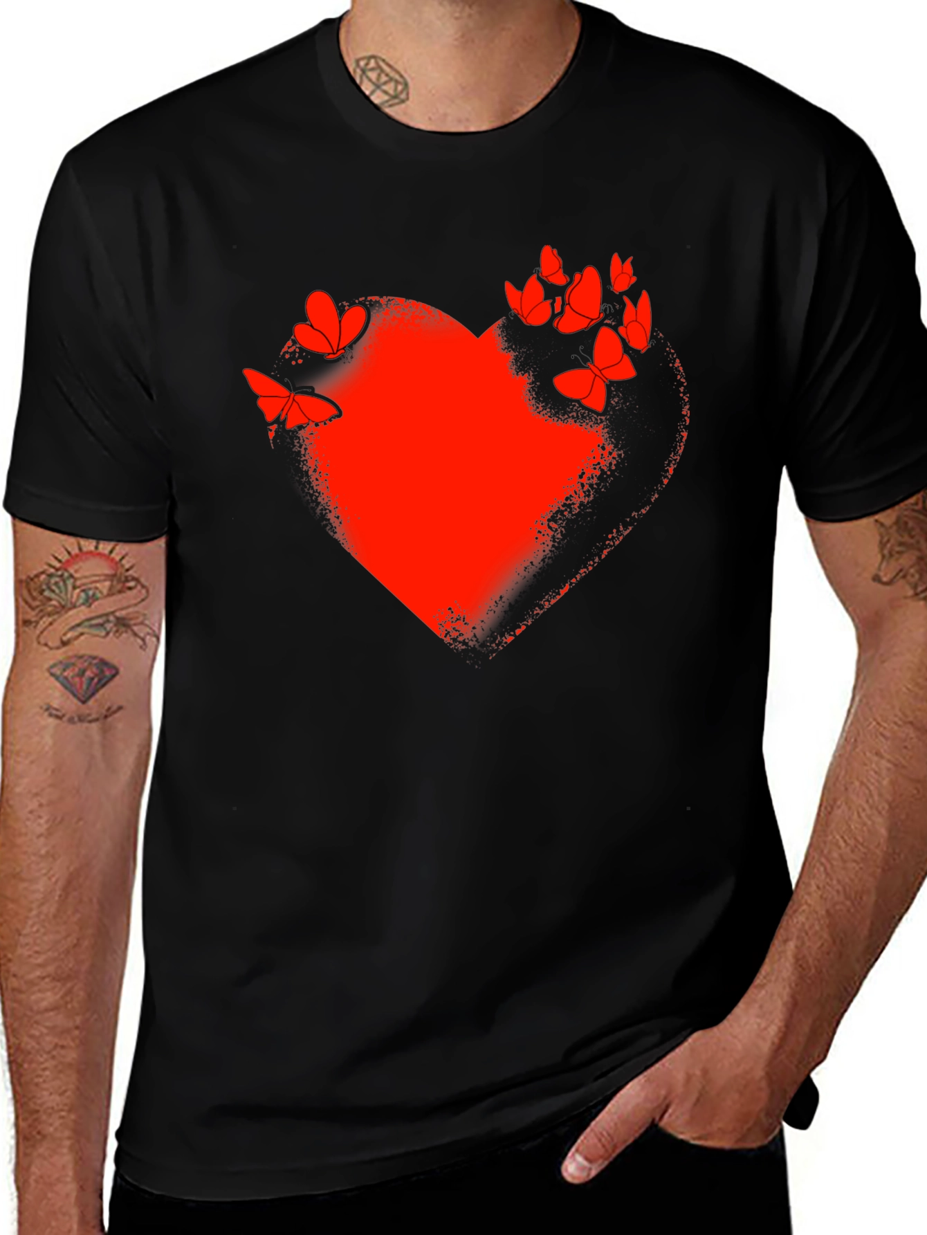 Variant 27 of Red Heart & Butterflies Black T-Shirt