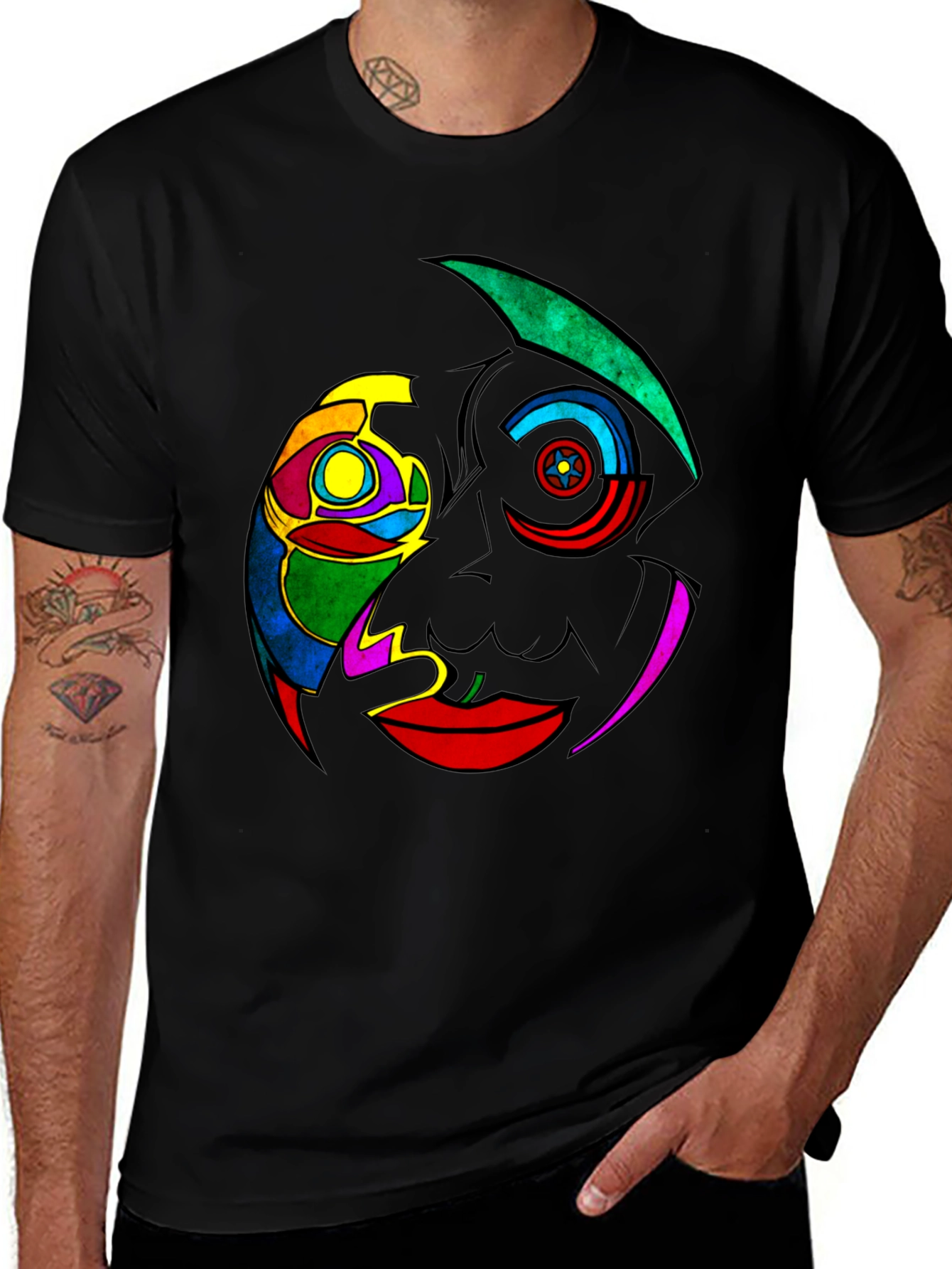 Black Abstract Colorful Face Graphic Black T-Shirt main image