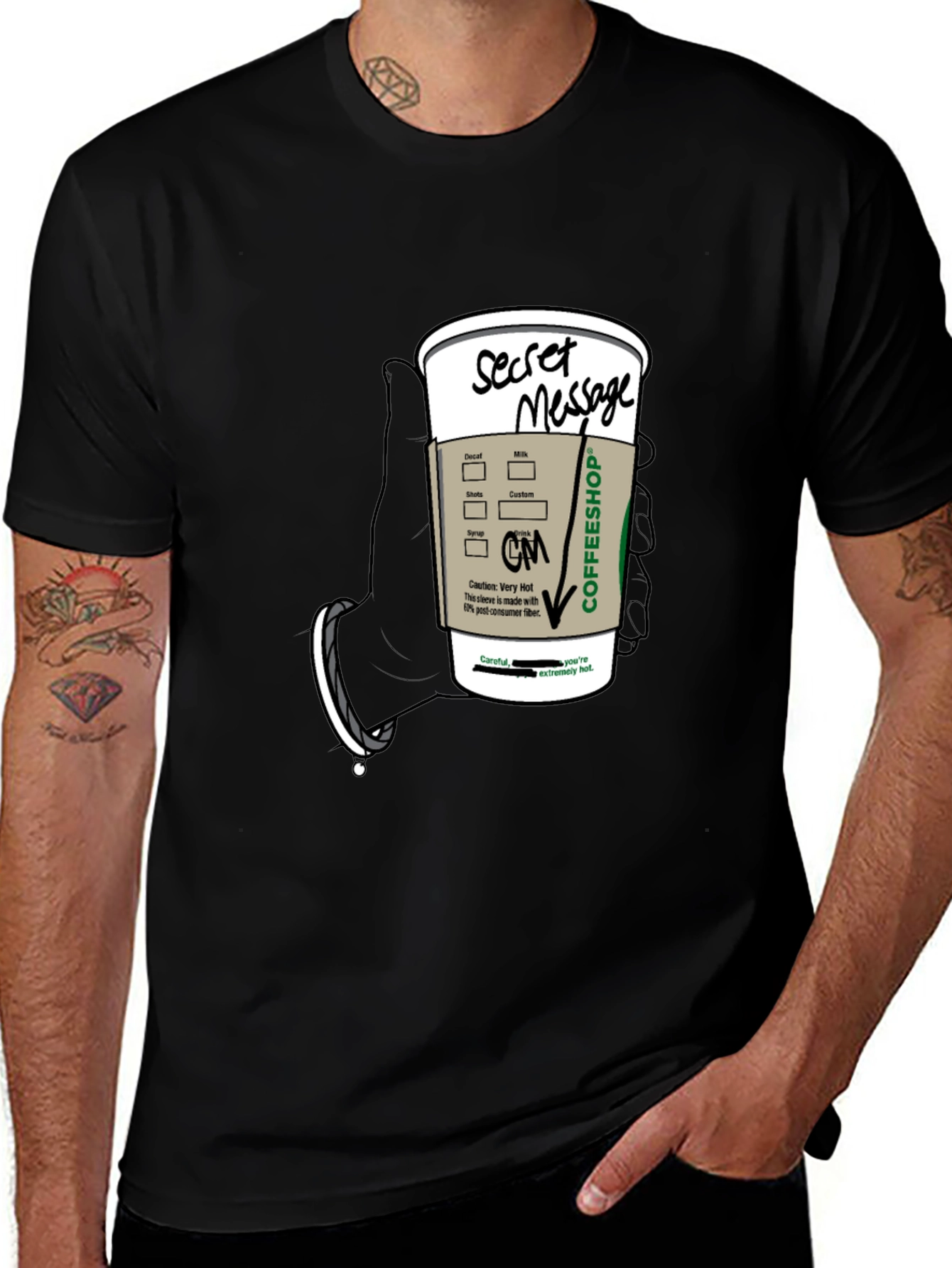 Black Coffee Secret Message T-Shirt - Fun Novelty Tee main image