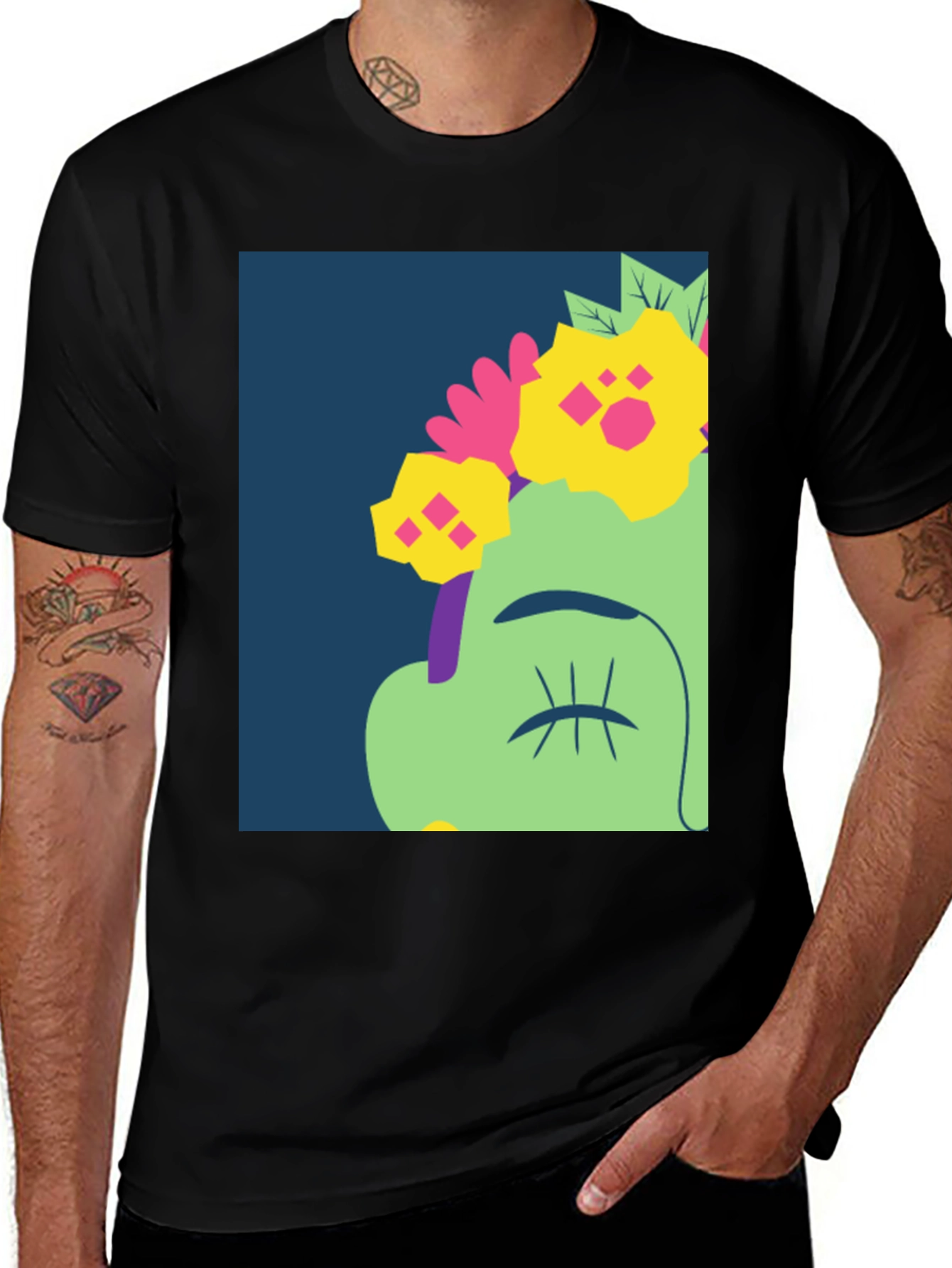 Variant 27 of Floral Face Graphic Tee - Unisex Black T-Shirt