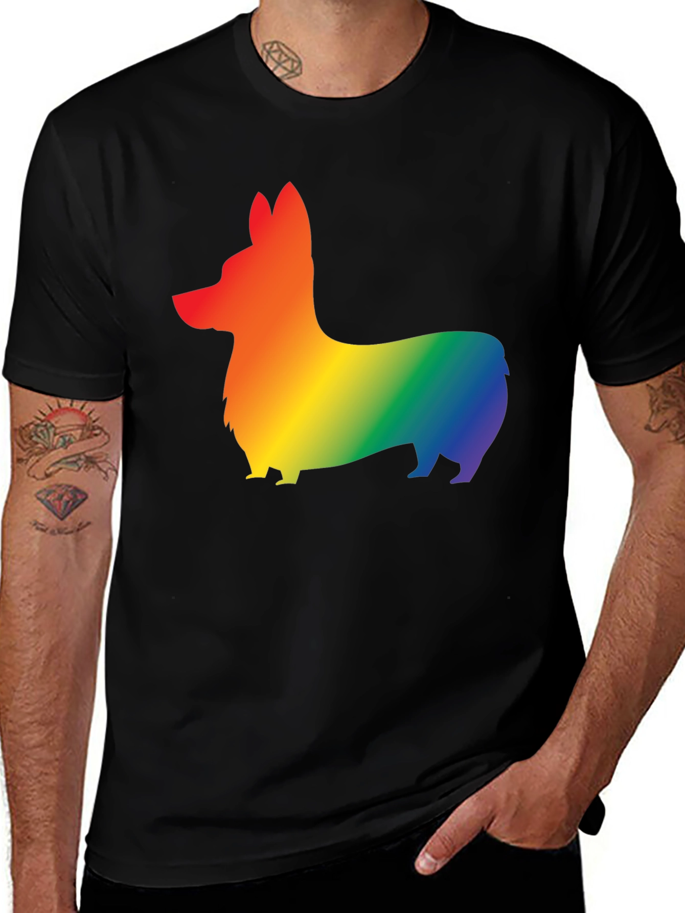 Variant 15 of Rainbow Corgi Graphic Tee - Black Cotton Blend