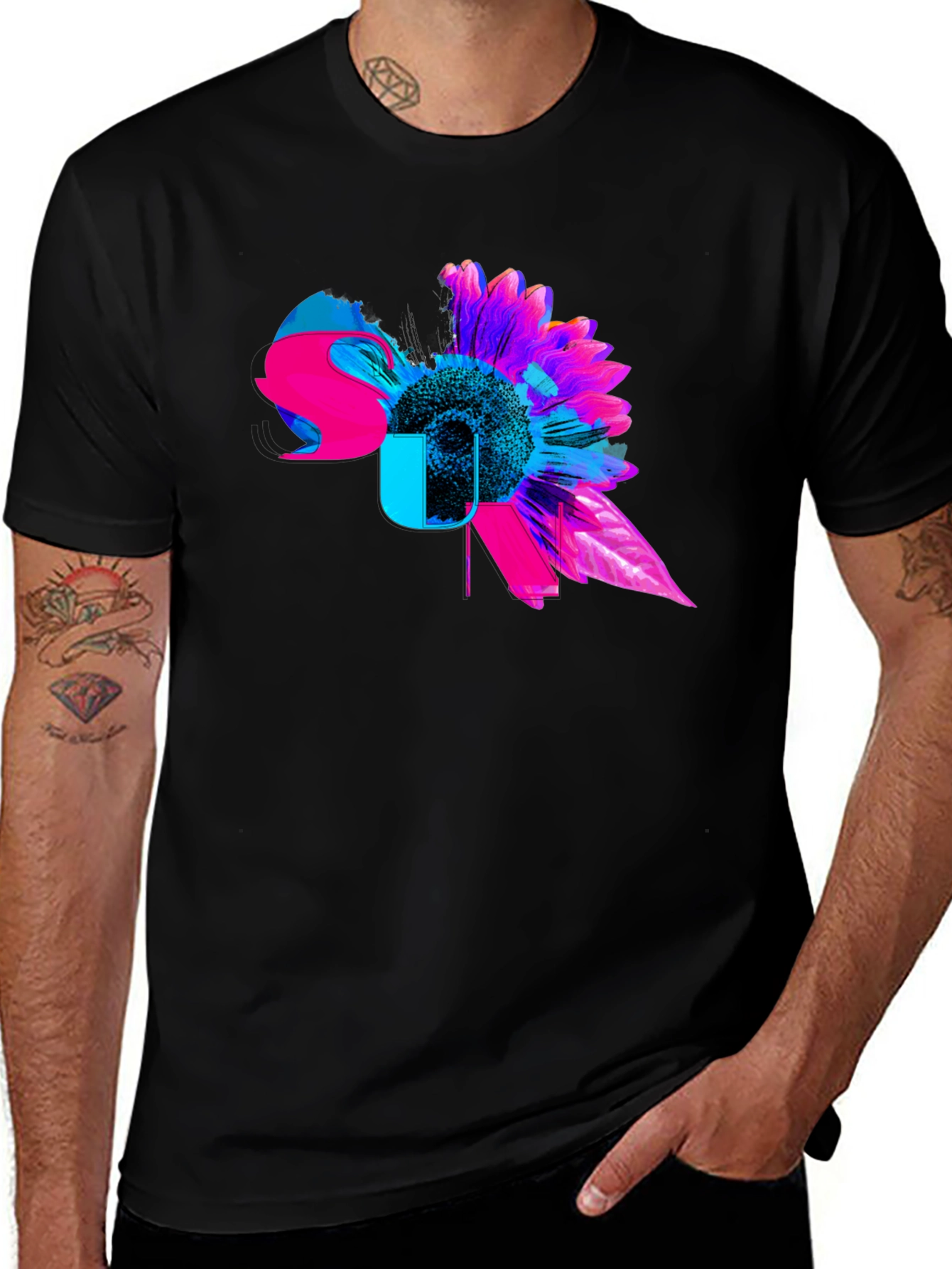 Black Vibrant Floral Graphic Tee - Modern Sunflower Design main image