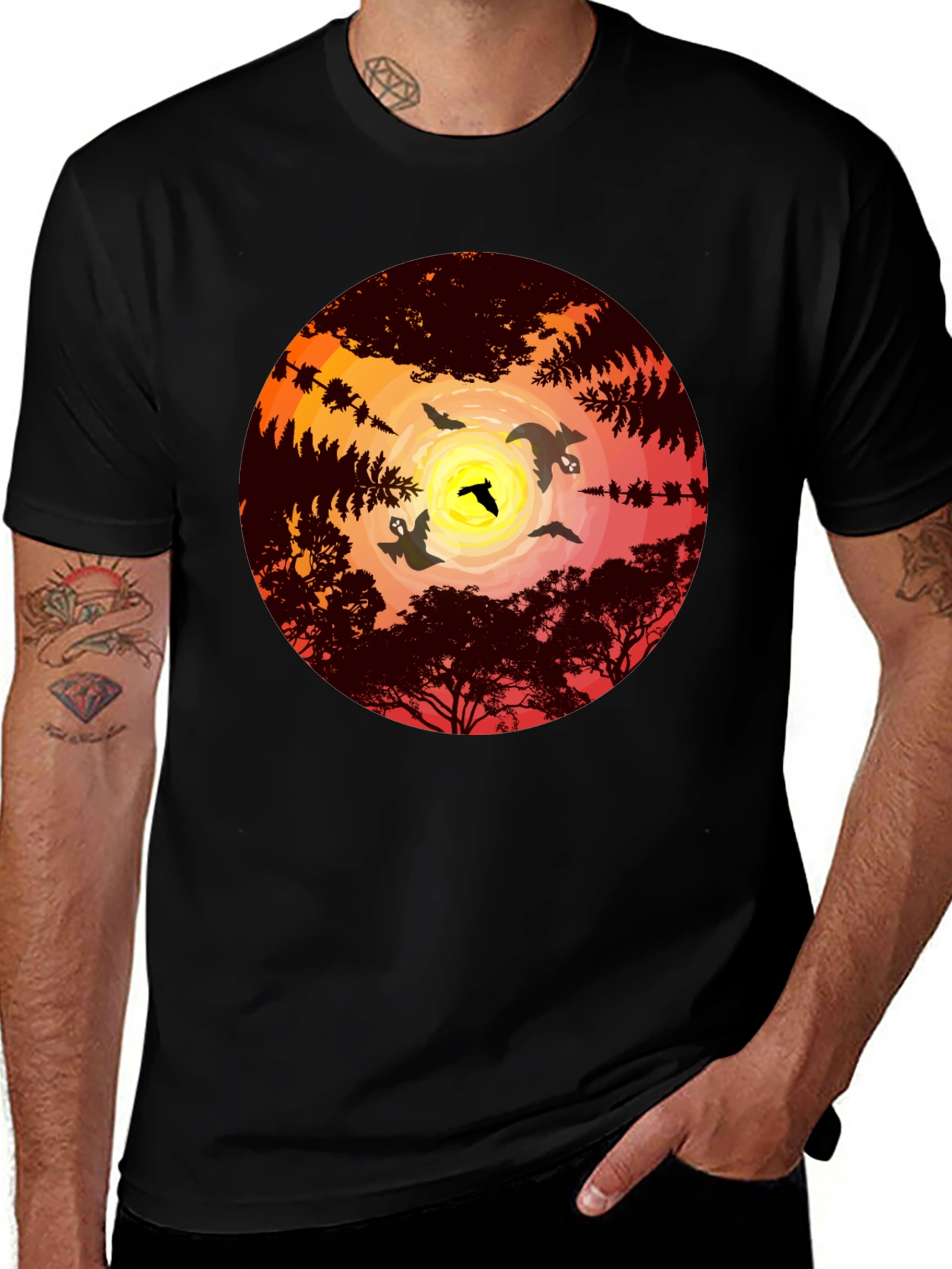 Variant 4 of Sunset Bats Graphic Tee - Men's Black T-Shirt