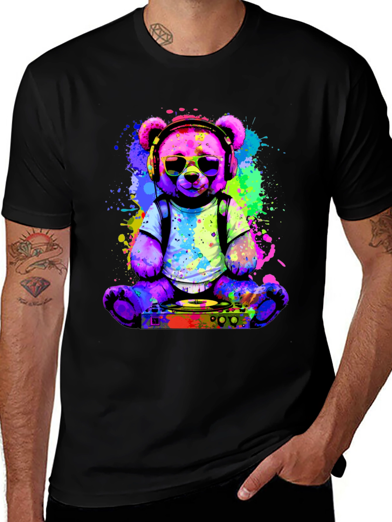 Variant 10 of DJ Bear Graphic Tee - Neon Splatter Design