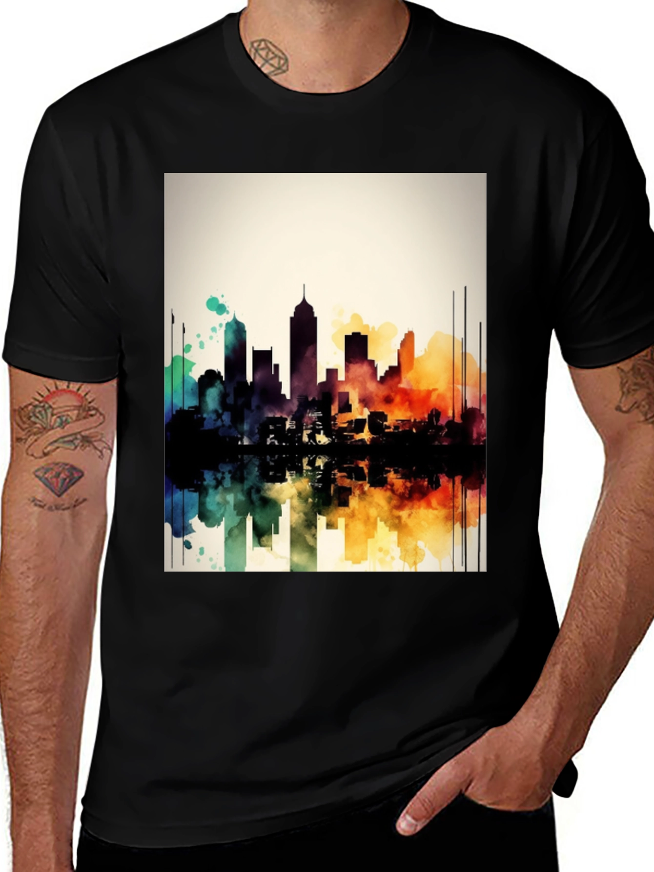Variant 29 of Watercolor Cityscape Black T-Shirt