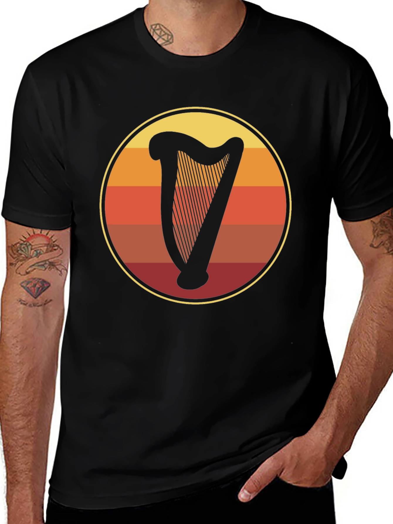 Variant 4 of Retro Harp Circle Graphic Tee - Black Cotton T-Shirt