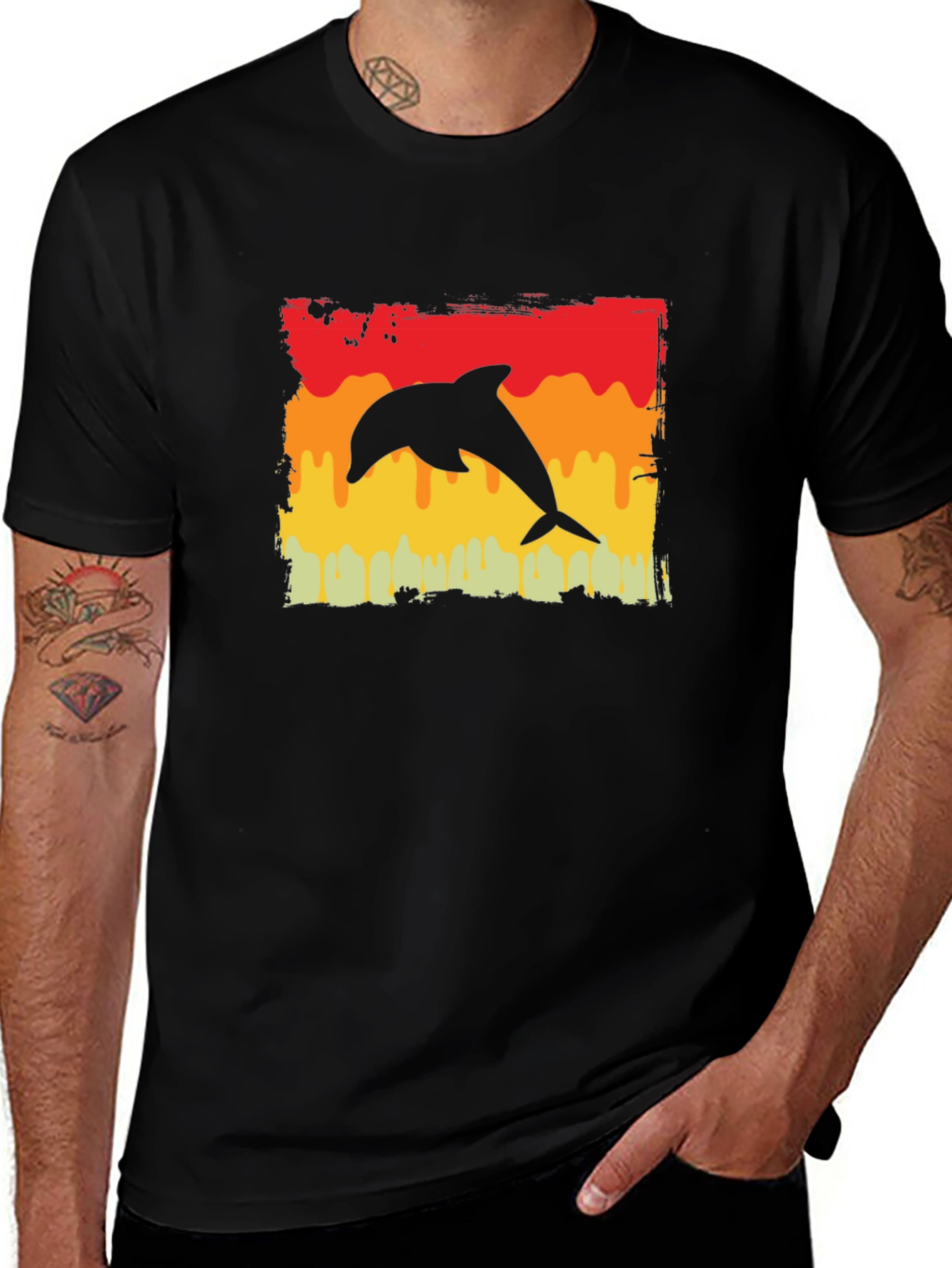 Retro Dolphin Graphic Tee -  Comfortable Black T-Shirt