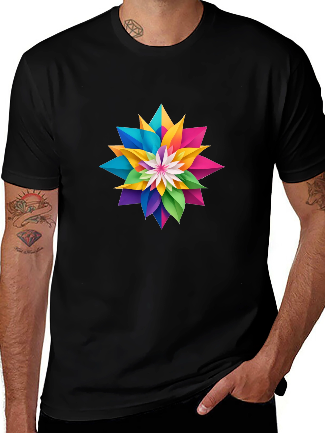 Variant 28 of Colorful Geometric Flower Graphic Black T-Shirt