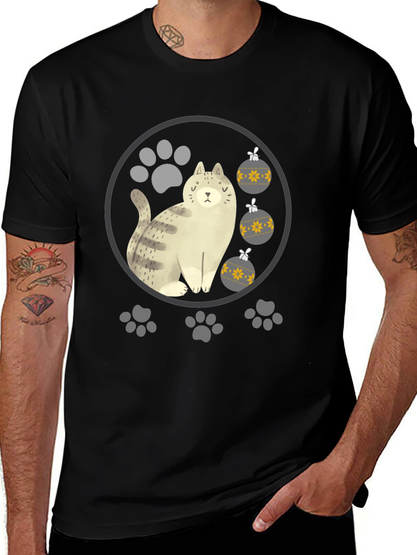 Cat & Ornament Graphic Tee - Holiday Style