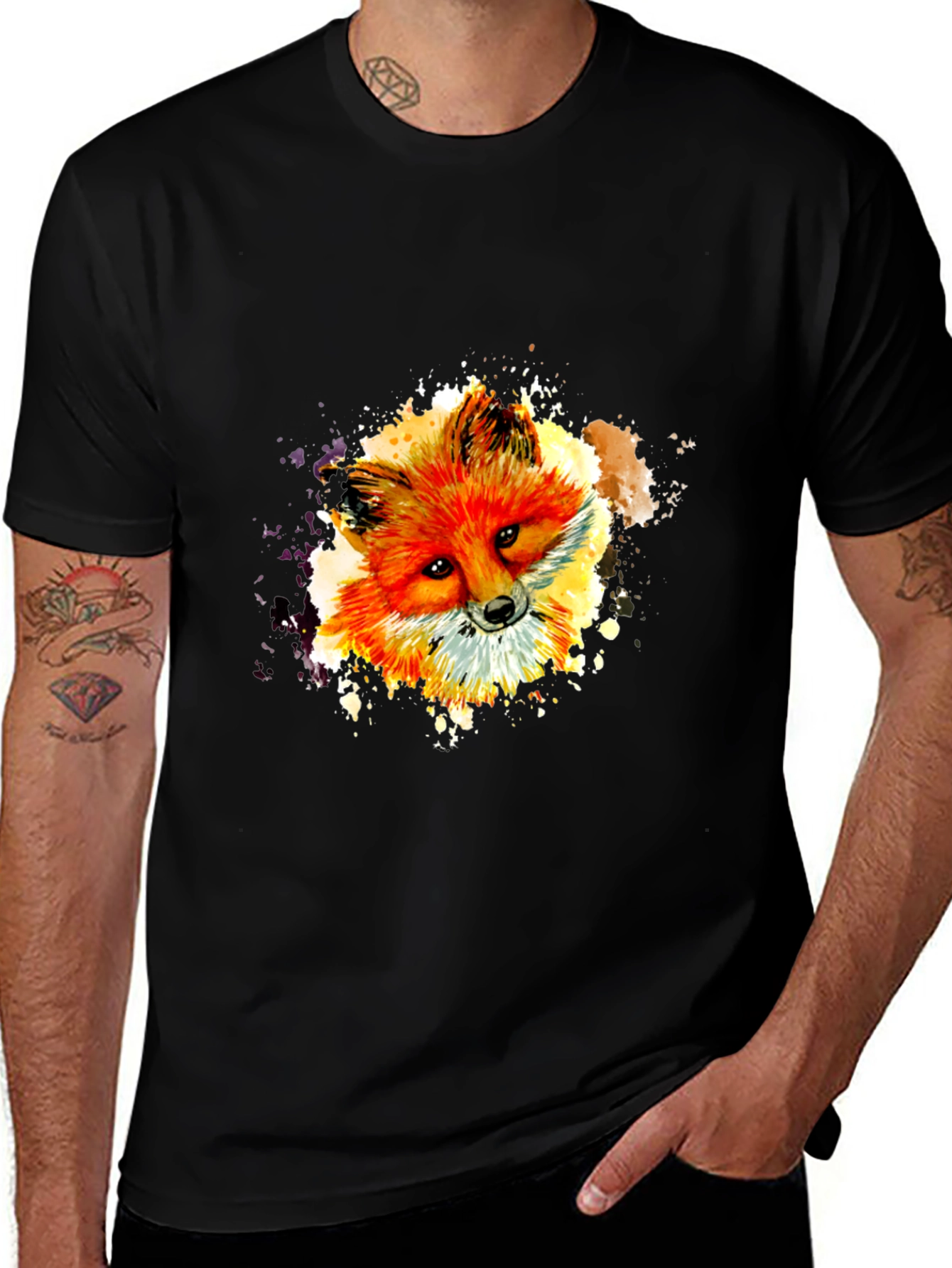 Variant 8 of Fox Watercolor Graphic Black Tee - Men's