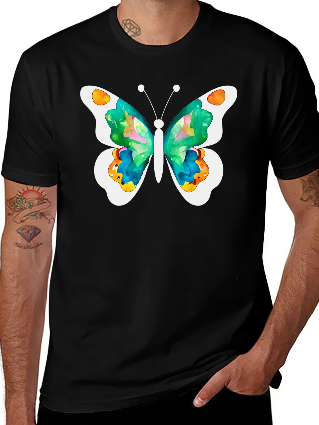 Variant 25 of Butterfly Watercolor Graphic Tee - Trendy Black T-Shirt