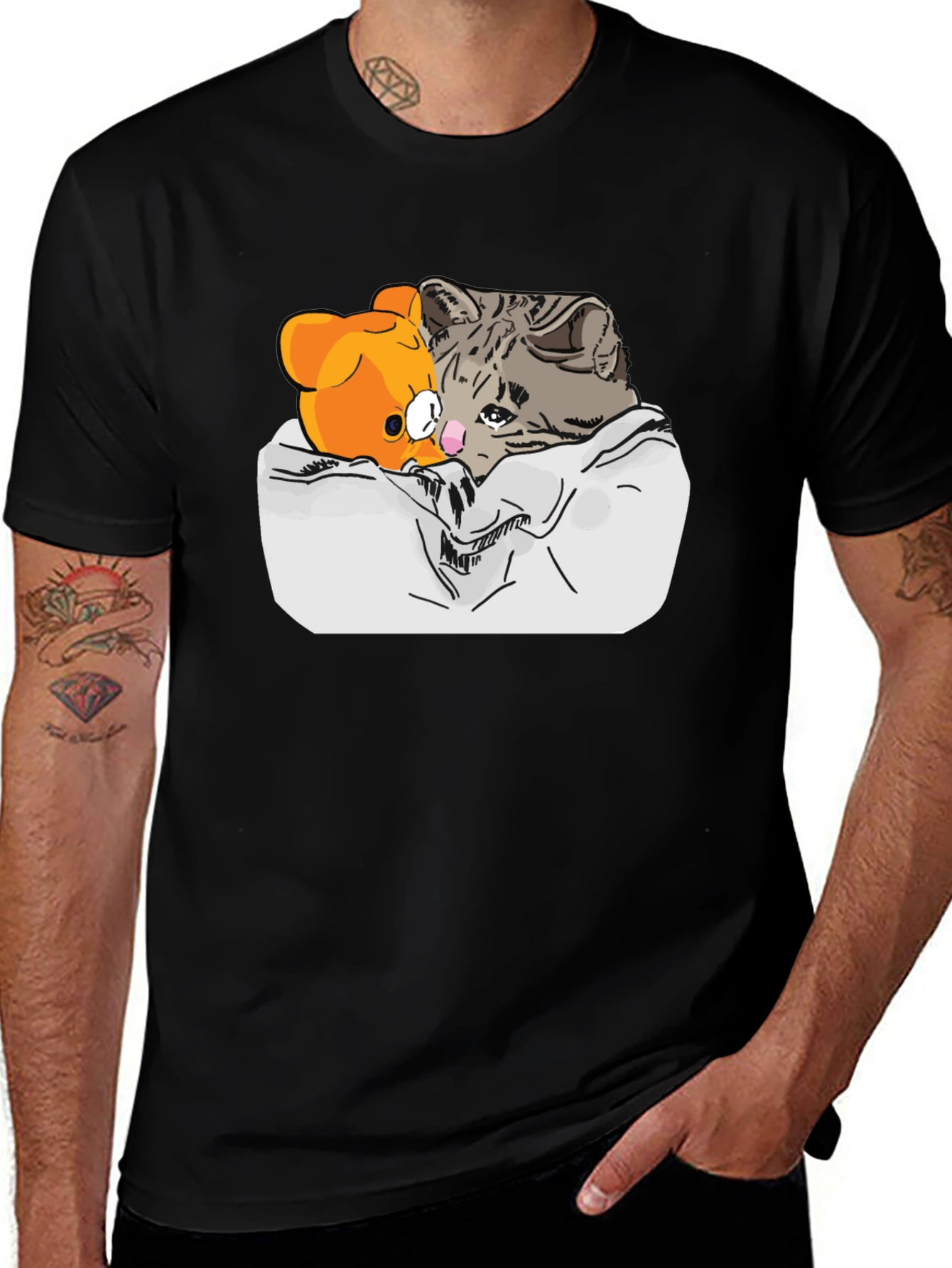 Variant 22 of Sad Cat & Bear Graphic Print Black T-Shirt