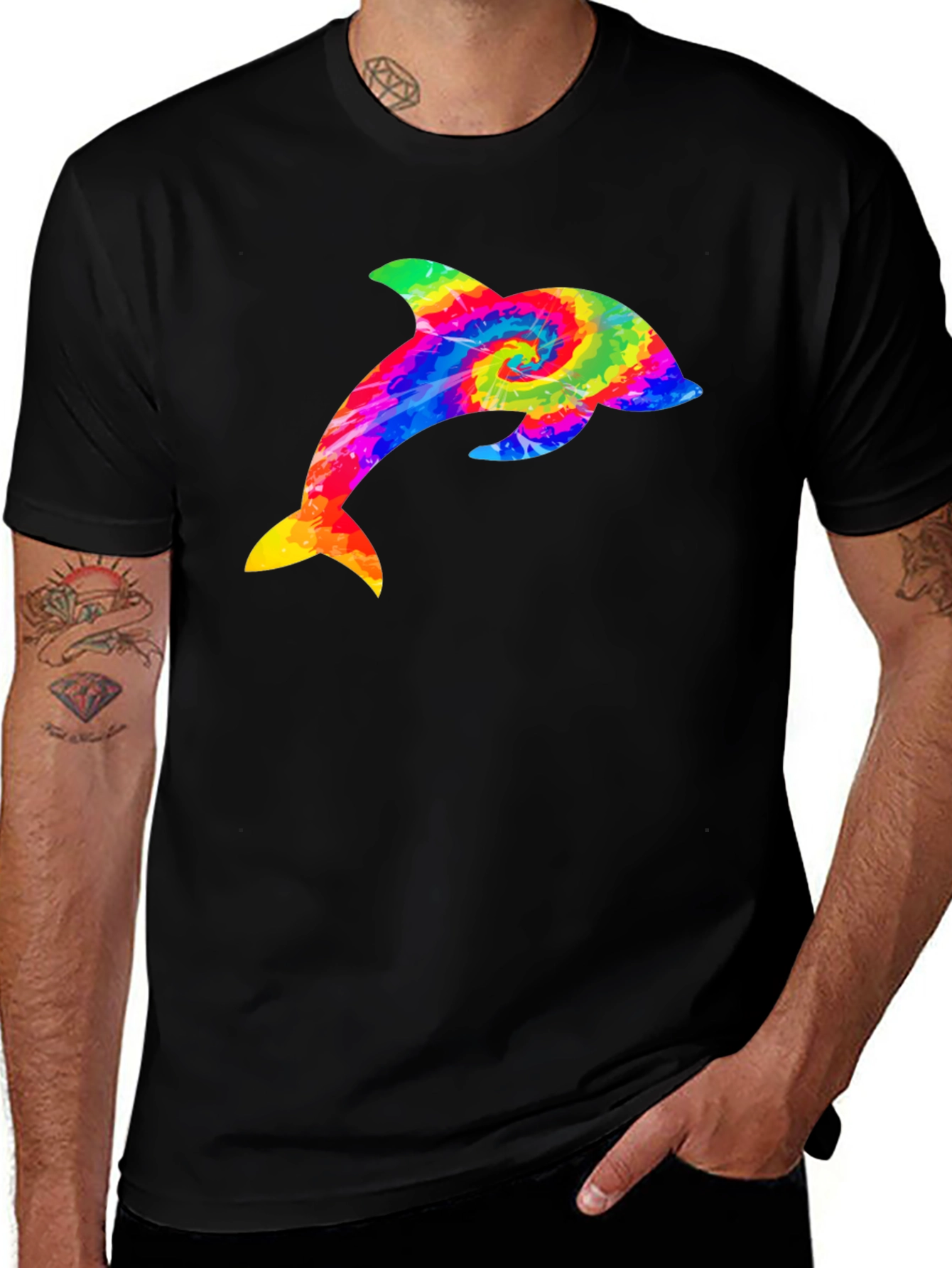 Variant 21 of Rainbow Tie Dye Dolphin Graphic Black T-Shirt
