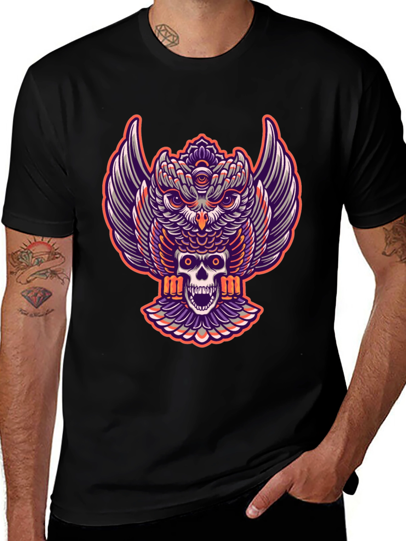 Variant 27 of Owl and Skull Graphic Tee - Black T-Shirt
