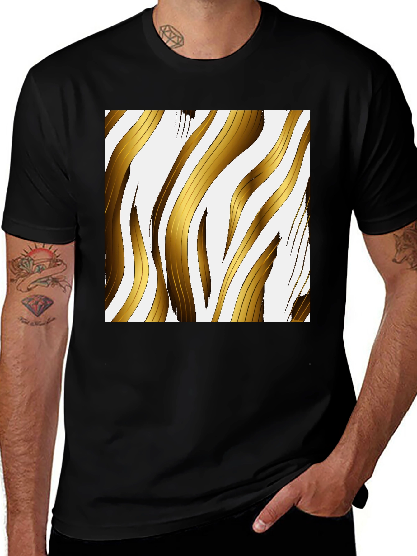 Variant 22 of Gold Stripe Print Black T-Shirt