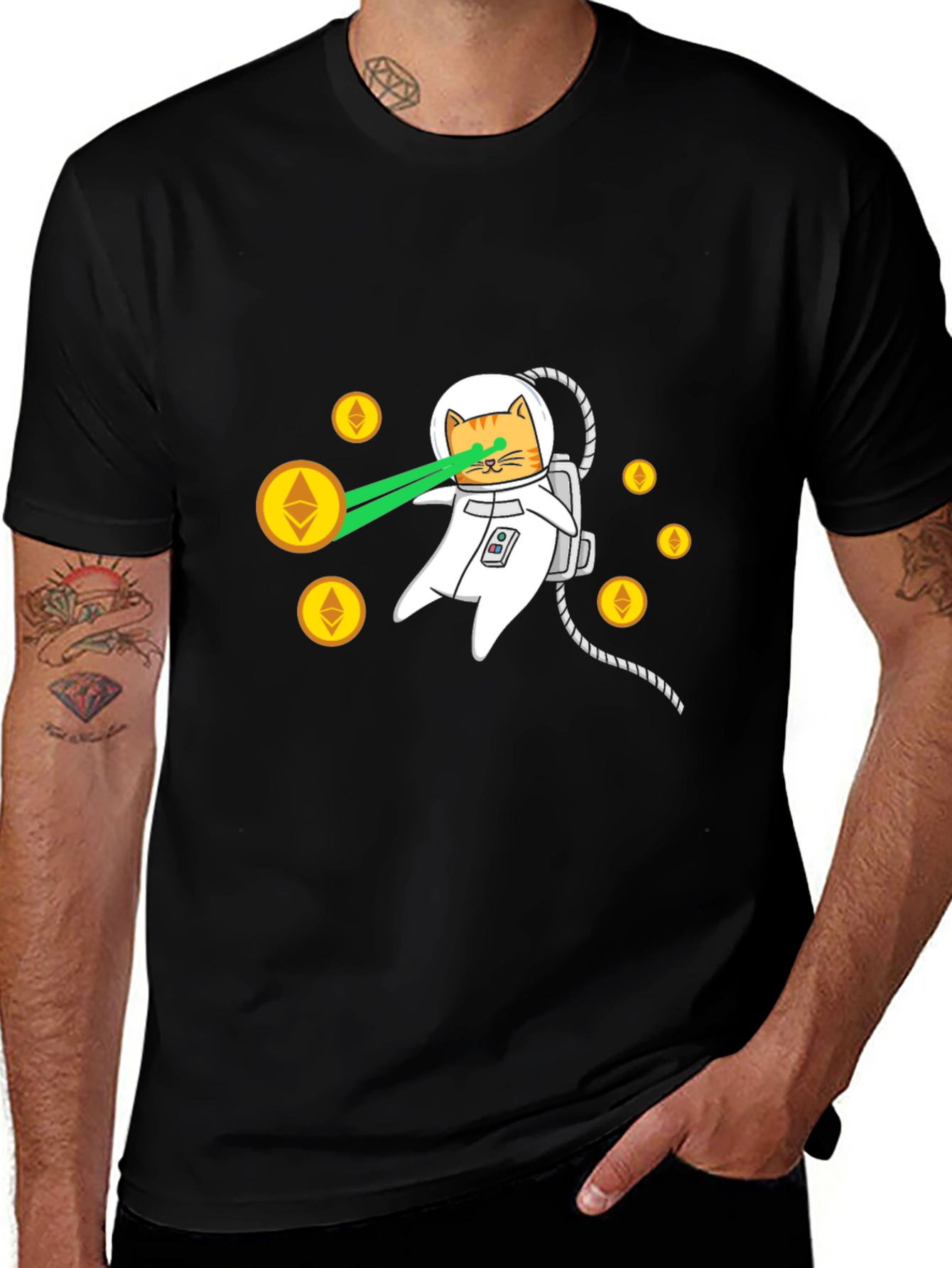 Variant 11 of Astronaut Cat Laser Eyes Ethereum Crypto Black T-Shirt