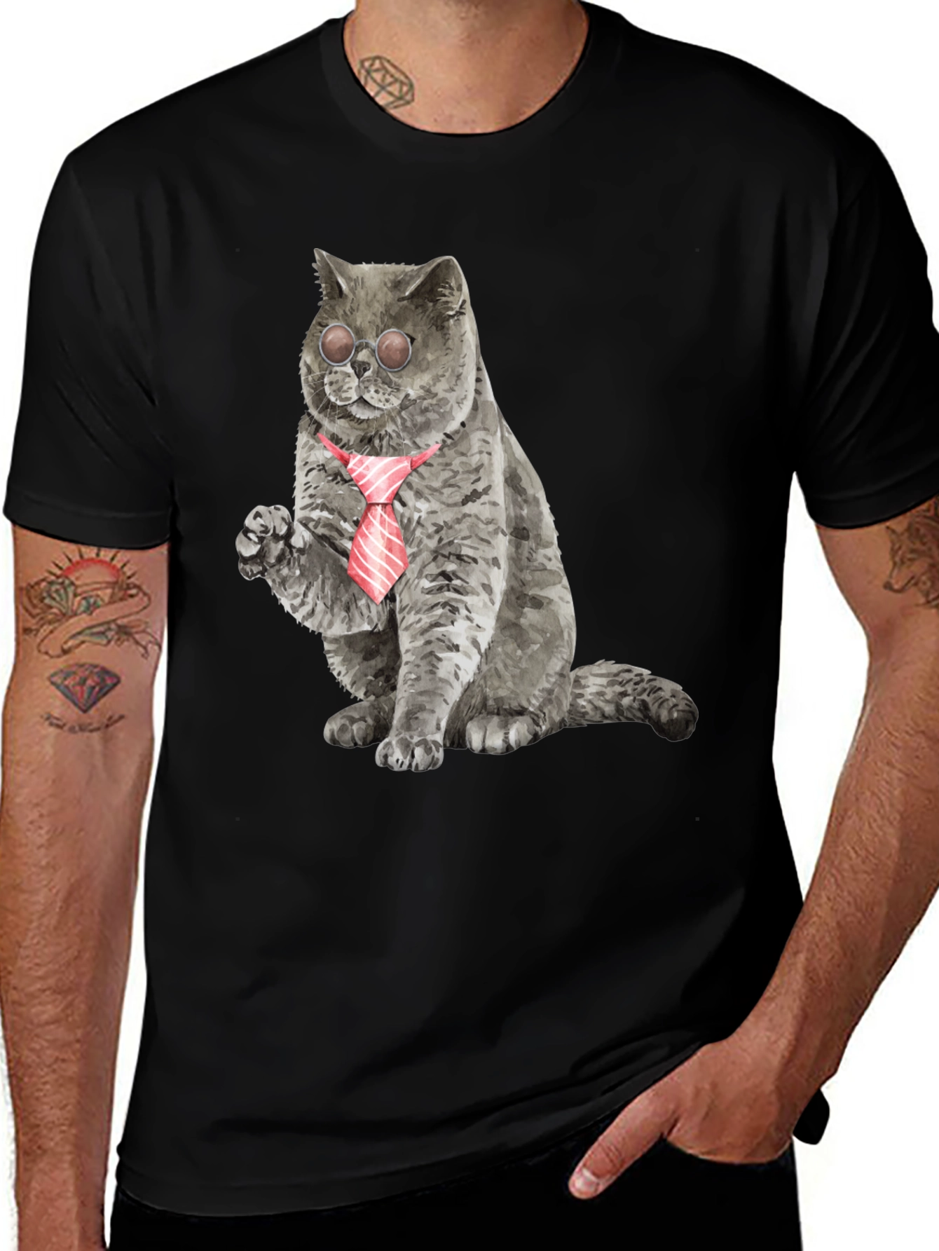Black Cool Cat Tee - Cat with Tie & Shades main image