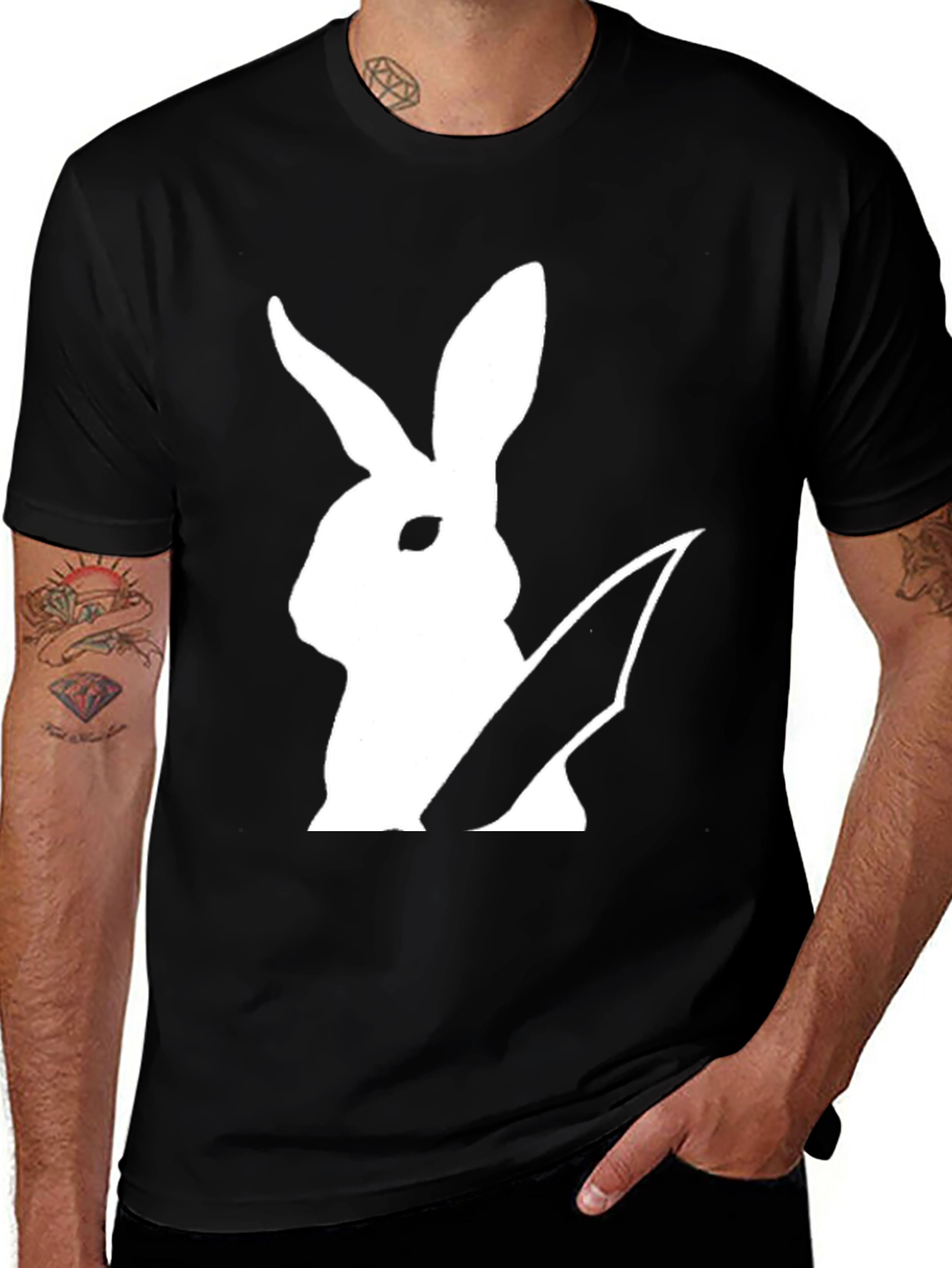 Variant 30 of Rabbit With Knife Graphic Tee - Black Cotton T-Shirt