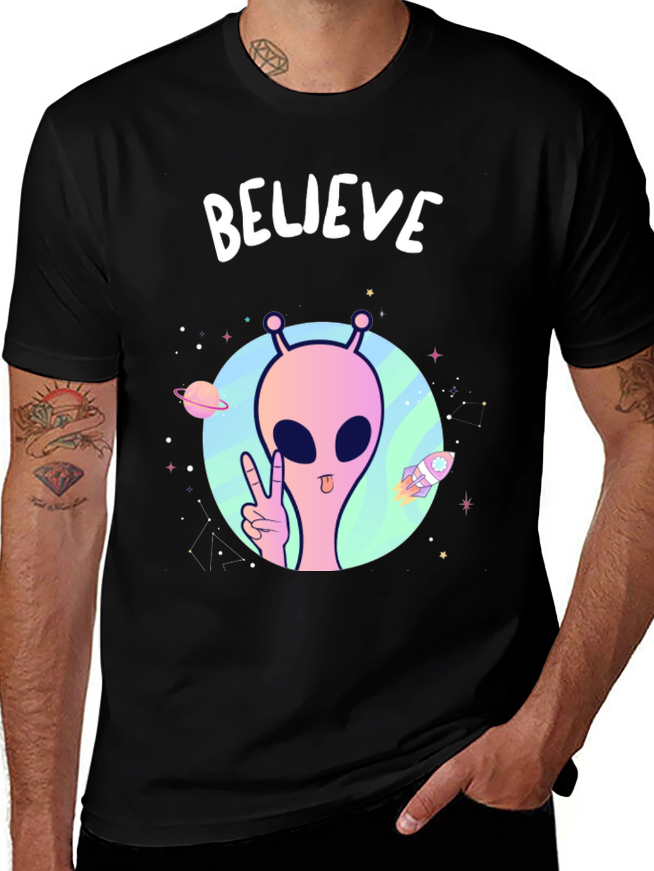 Variant 3 of Believe Alien Graphic T-Shirt - Black Crew Neck Tee