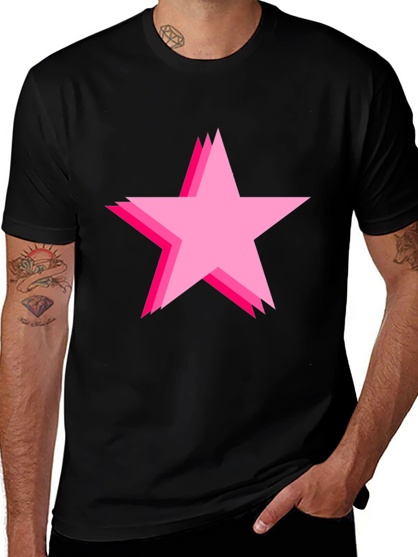 Variant 21 of Bold Black Tee with Pink Star Design