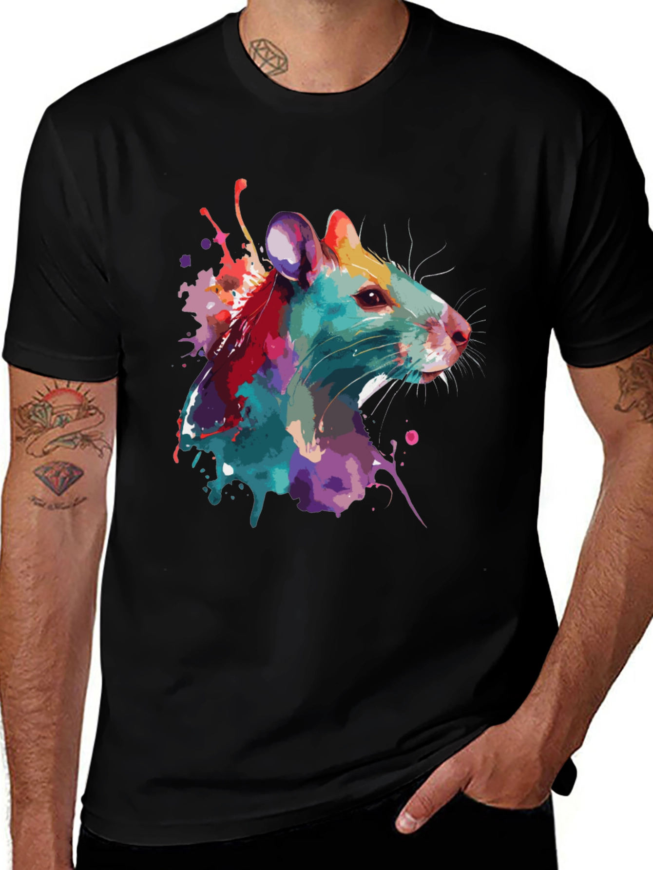 Variant 4 of Vibrant Watercolor Rat Graphic Tee - Unique Animal Shirt