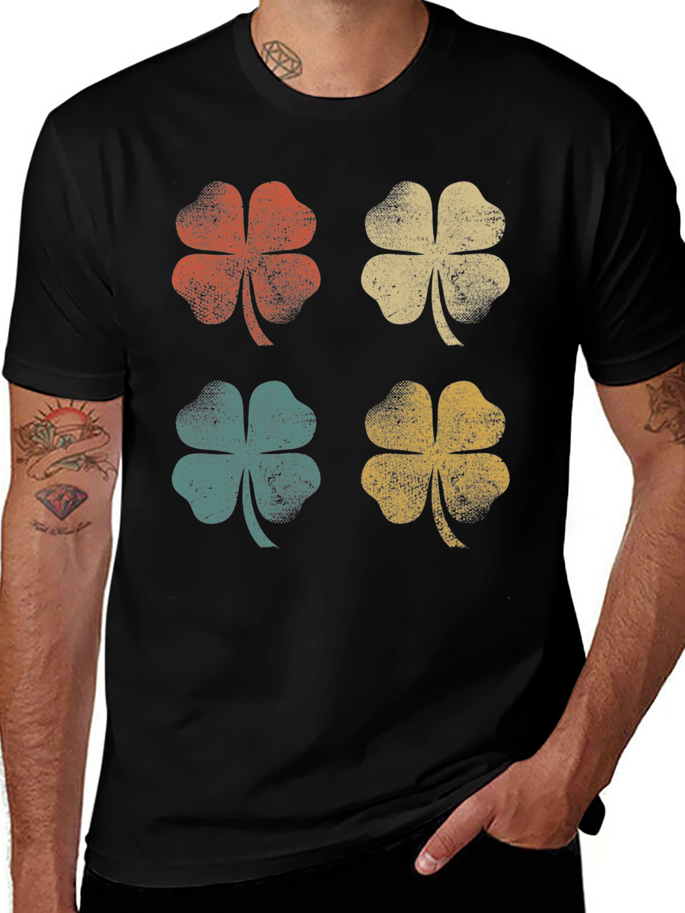 Black Retro Clover Graphic Tee - Lucky Four Leaf Shirt main image